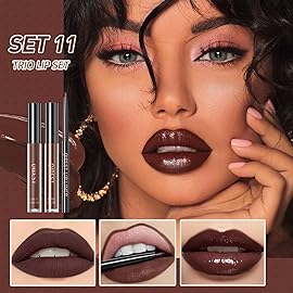 QiBest 3-in-1 Dark Red Lipstick Set for Women & Teen Girls, Matte Liquid Lipstick + Lip Gloss + Gel Lip Liner Pencil Trio Lip Gift Kit for 24 Hours Long Lasting & Waterproof Lip Makeup (Hot Chocolate)
