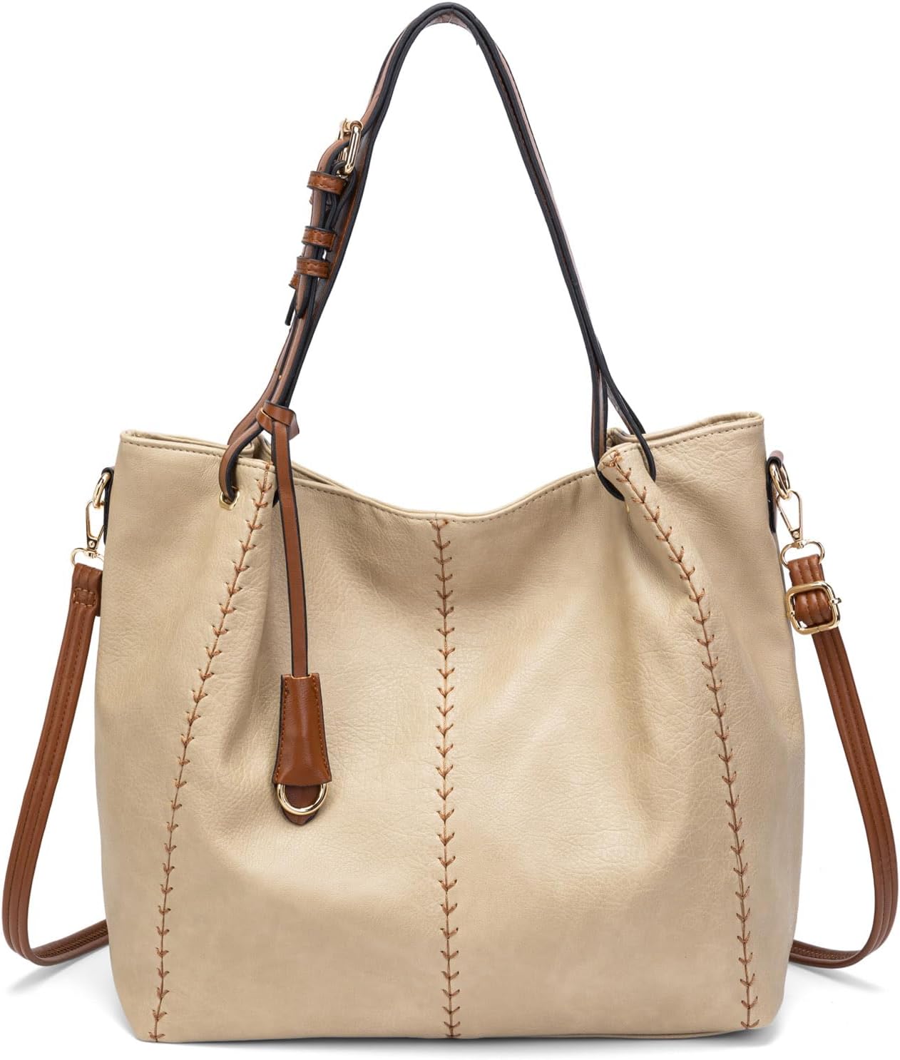 myfriday Vintage Hobo Shoulder Bag for Women Soft Leather Bucket Tote Bag Fashionable Structured Purse with Rivet Detail