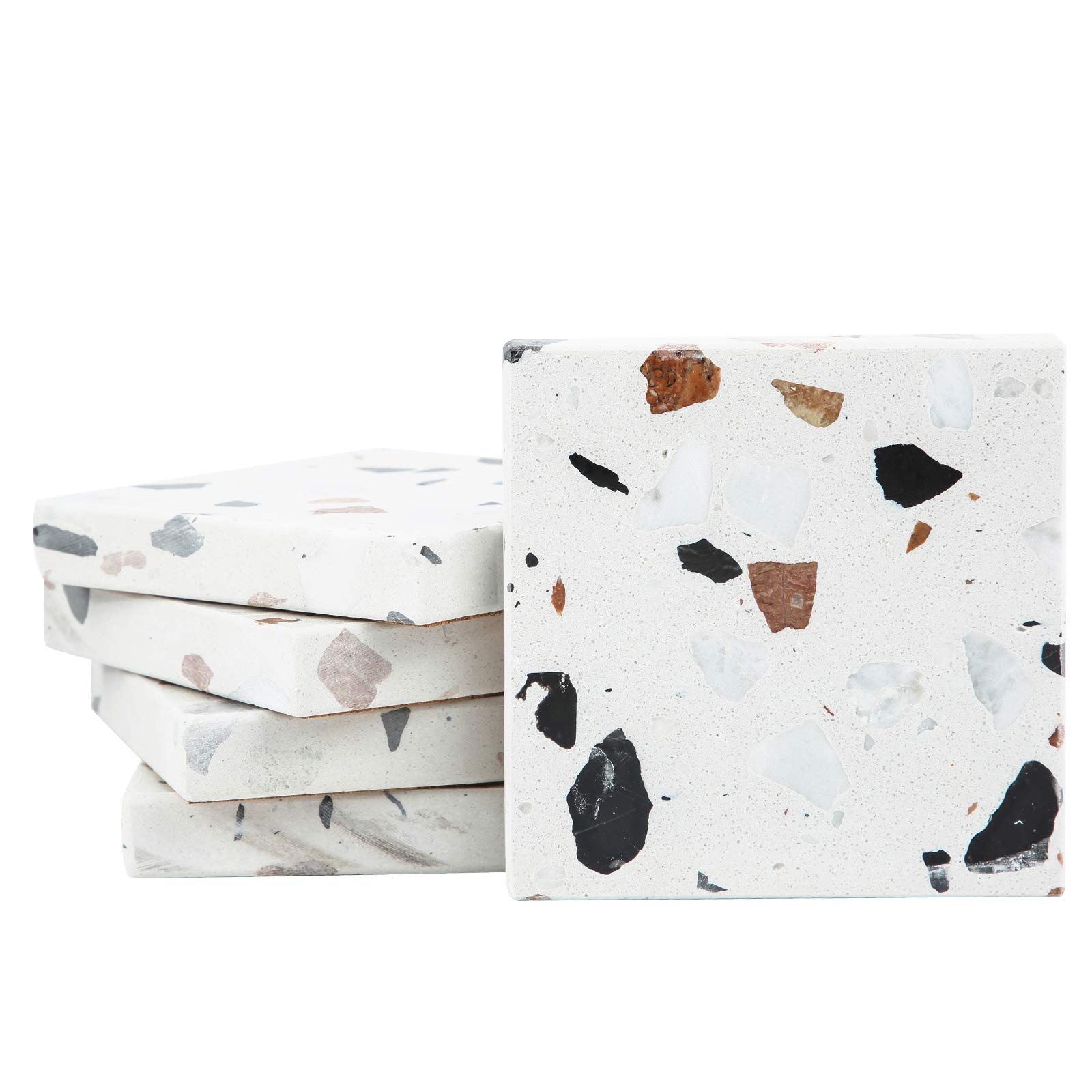 Natural Stone Coasters Terrazzo Square Set of 5 Heavy Thick Holder
