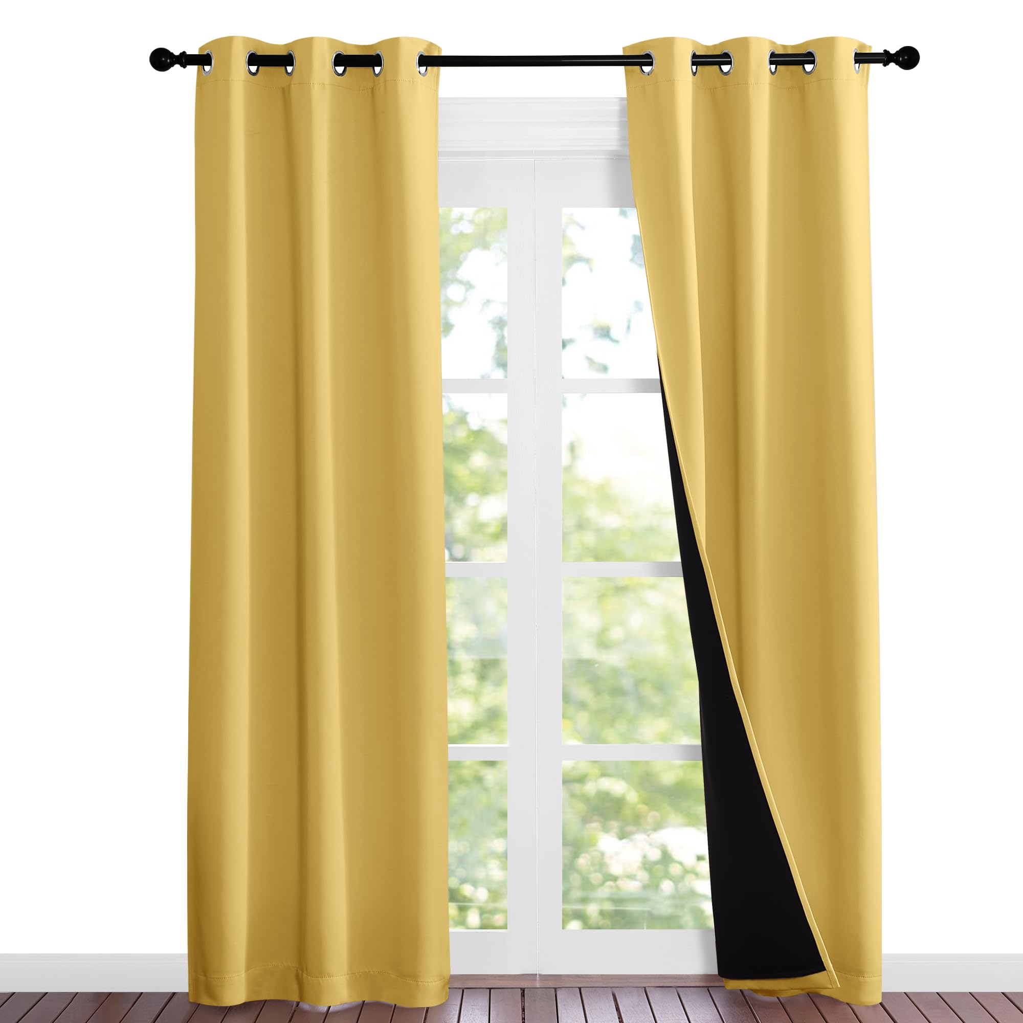 NICETOWN Bright Yellow Full Shade Curtain Panels, 37" Wide x 80" Long, Pair of Thermal Insulated &amp; Energy Efficiency Blackout Curtains for Living Room Windows, Lined Silky Performance Window Dressing