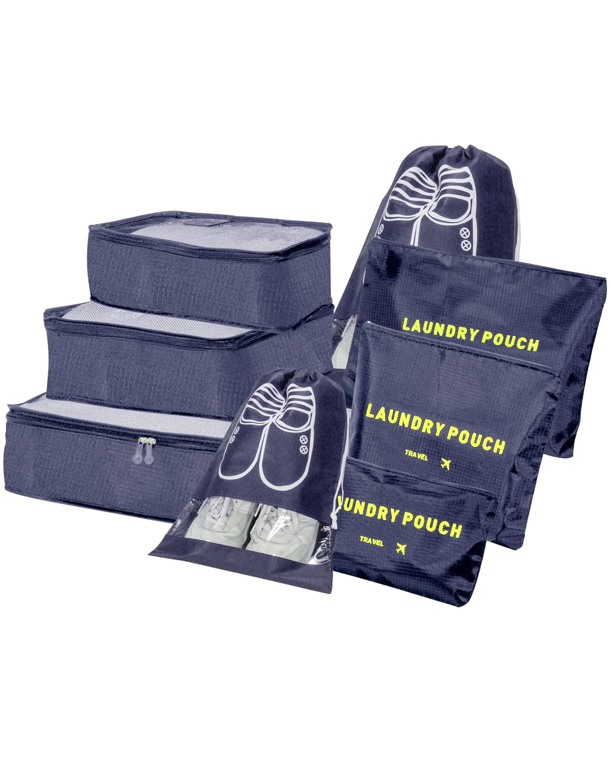 BillyBath Set di organizer per valigie, 8 in 1, organizer da viaggio, per vestiti, scarpe, cosmetici, colore blu scuro
