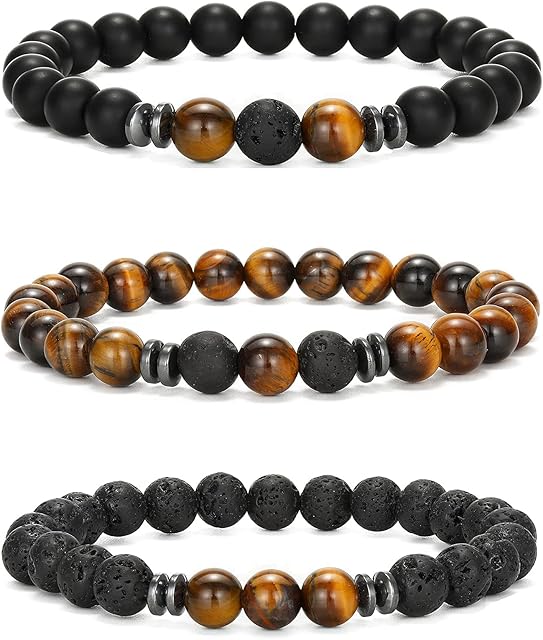 Senteria 3-6 Pcs 8mm Bead Bracelet for Men Women Tiger Eye Bracelet Natural Stone Bracelet Mala Agate Yoga Elatics Bracelet for Men