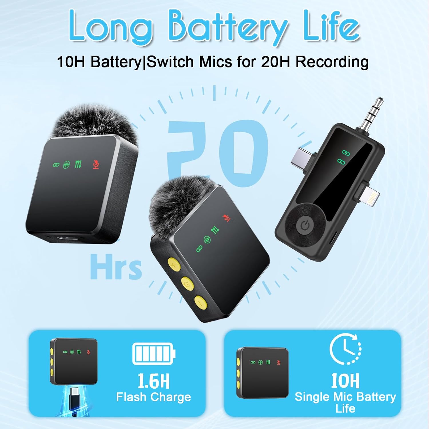 3-in-1 Wireless Microphone for iPhone/Android/Camera with Noise Cancellation, 2-Pack 20-Hour Battery Life Mini Lavalier Mics for Podcast, Video, Recording, Vlogging, and Streaming