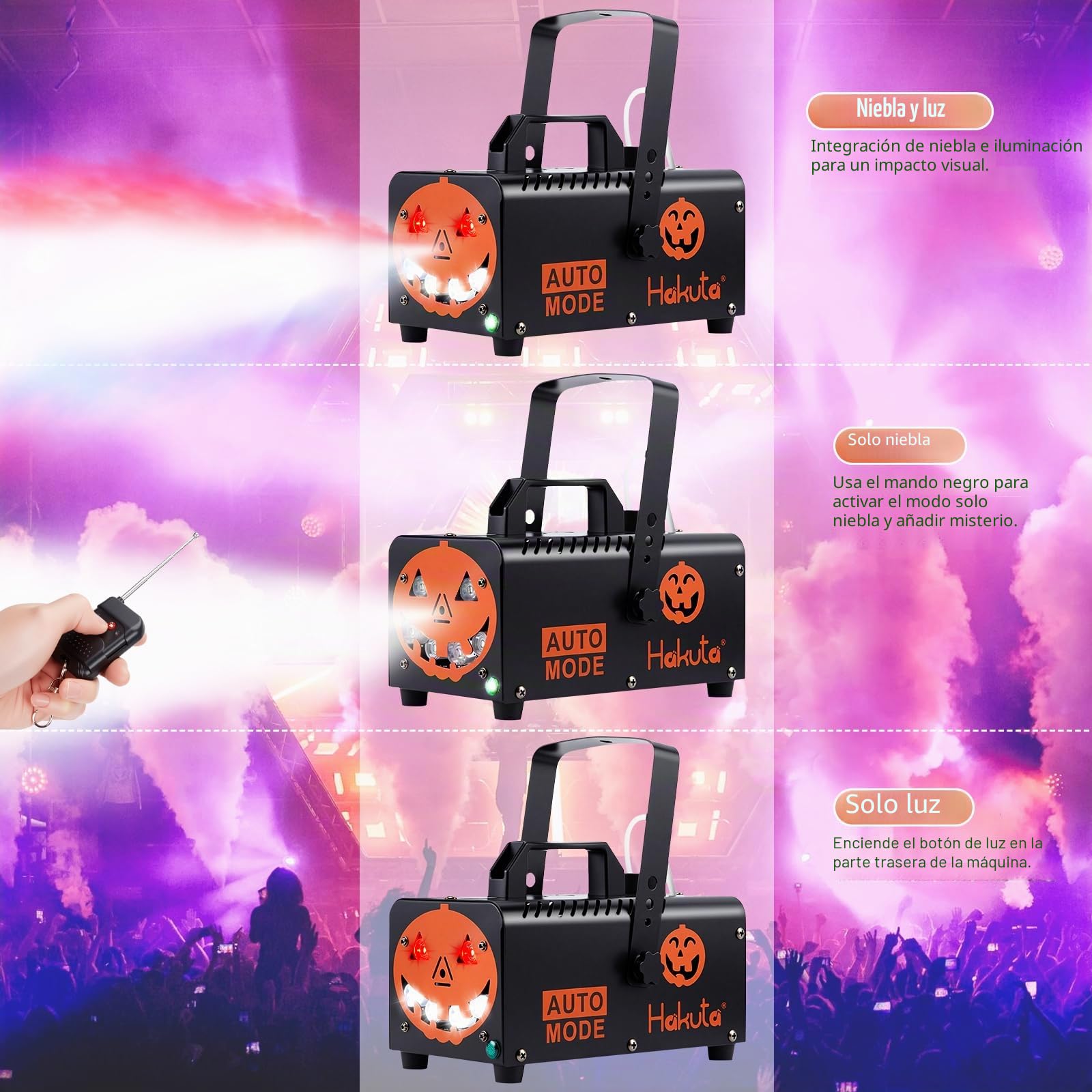 Hakuta Máquina de Humo Profesional con 6 Luces LED RGB, 2300 CFM - Niebla Automática para Halloween/Navidad/Bodas, Control Remoto y Soporte Colgante | Máquina de niebla automática 2300 CFM con función de pulverización automática, ideal para Halloween, Nav