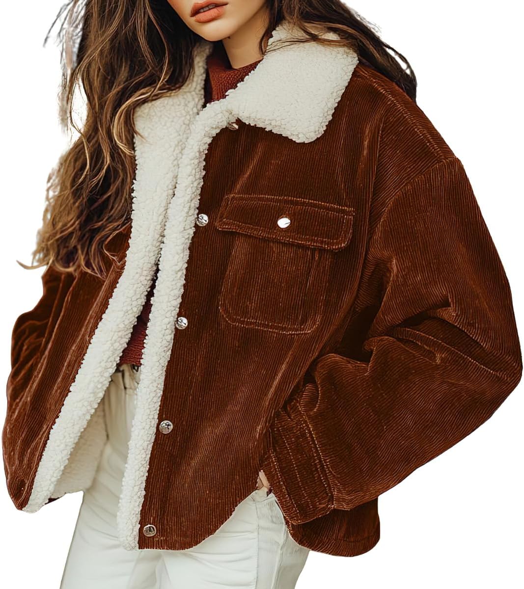 chouyatou Women's Winter Sherpa Fleece Lined Corduroy Coat Button Down Warm Faux Fur Jacket Outerwear