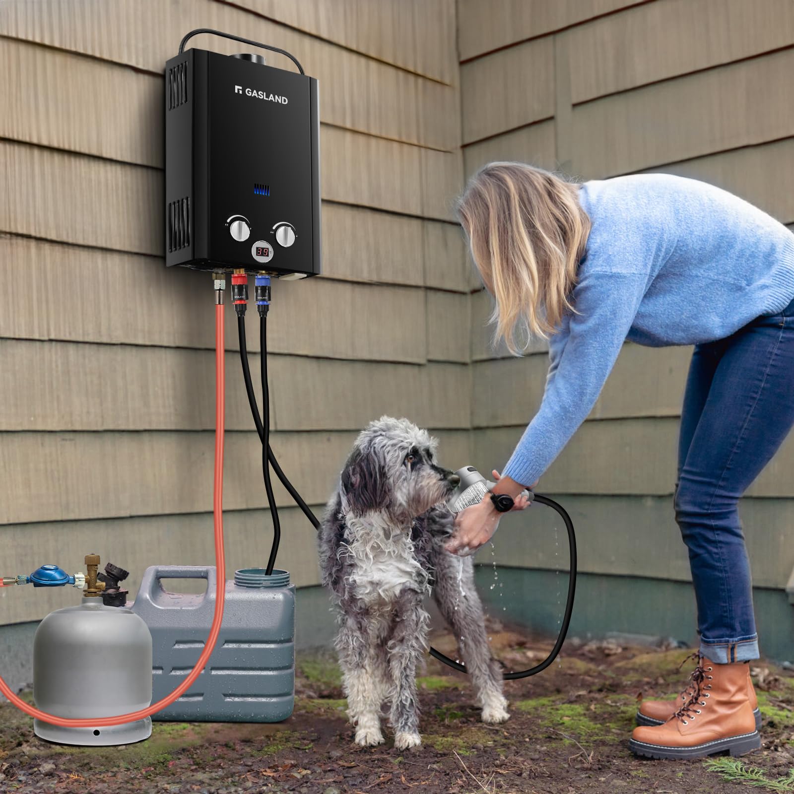GASLAND BE158B Tankless Gasdurchlauferhitzer, 6L LPG Durchlauferhitzer 50mbar, Instant Gasdusche für Campingdusche Pferdedusche