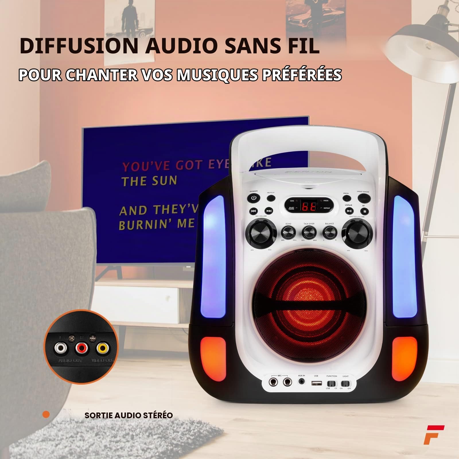 Fenton SBS30W - Enceinte Karaoké Portable avec 2 Microphones - Blanc, Fonction Bluetooth et Effets Lumineux LED, Lecteur CD + G, Parfait pour Une Soirée Karaoké, Idéal pour Chanter Entre Amis
