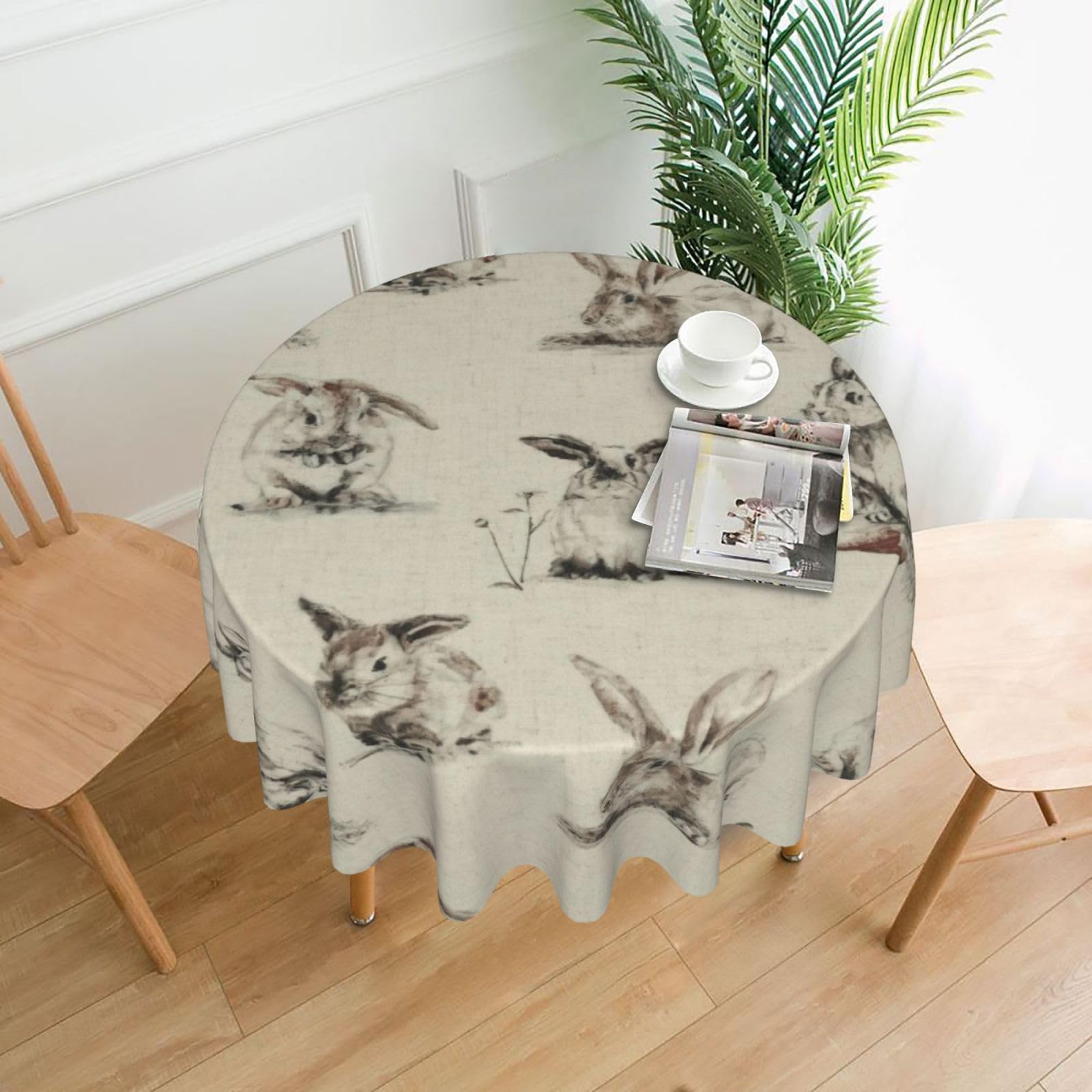 Uusnwaa Rabbit Background Print Round Tablecloth 60 Inch, Stain Wrinkle Resistant Washable Polyester Table Cover For Kitchen Party