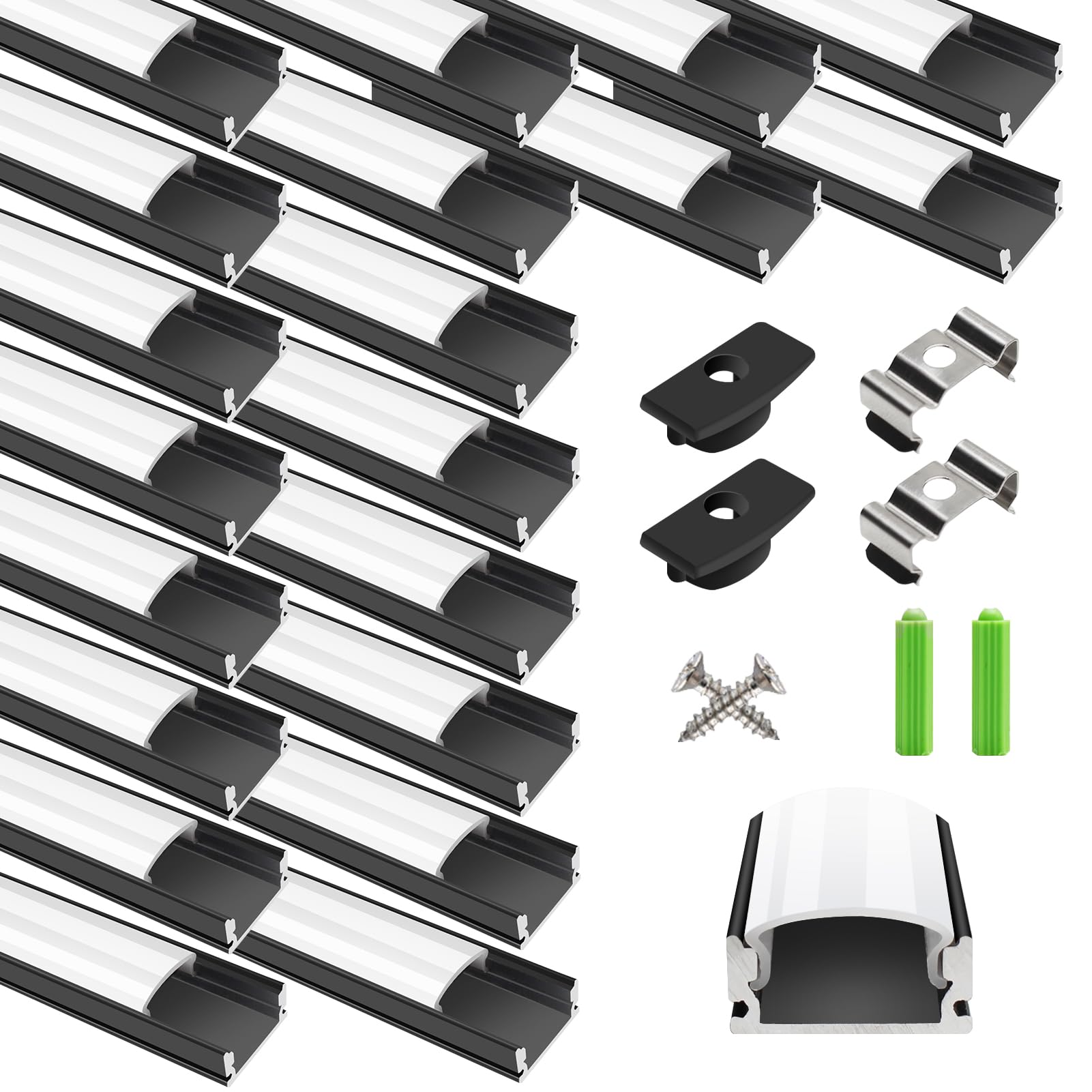 LightingWill Perfil LED de 20 × 1 m, en forma de U, perfil de aluminio en color negro con cubierta blanca leche, tapas finales y clips de montaje, riel LED para tiras LED