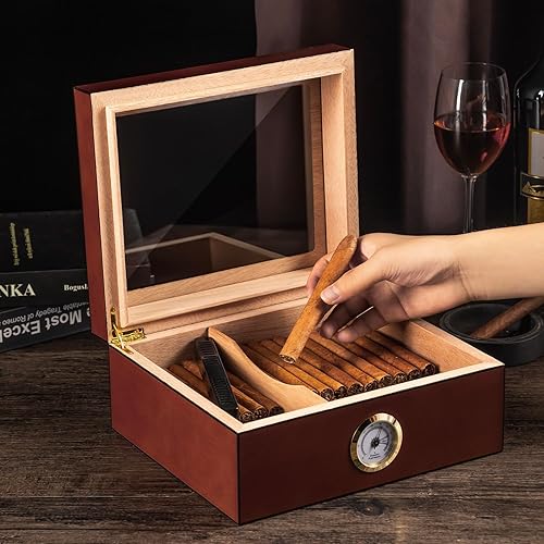 Miniatura 2 de Somduy Humidor de puros para 30-50 puros con humidificador e higrómetro, caja de almacenamiento de madera de cedro de escritorio con divisor y tapa