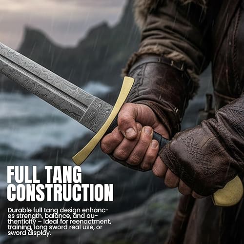 Miniatura 5 de 30" mango envuelto en cuero Damasco acero medieval réplica amplia espada con funda