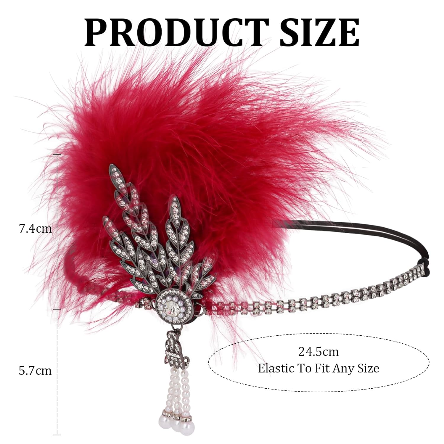 WHAVEL 1920s Flapper Feather Headband Wine Red Roaring 20s Headpiece Great Gatsby Headpiece for Women Inspired Leaf Medallion Crystal Headband Masquerade carnival Wedding Accessories - Image 3