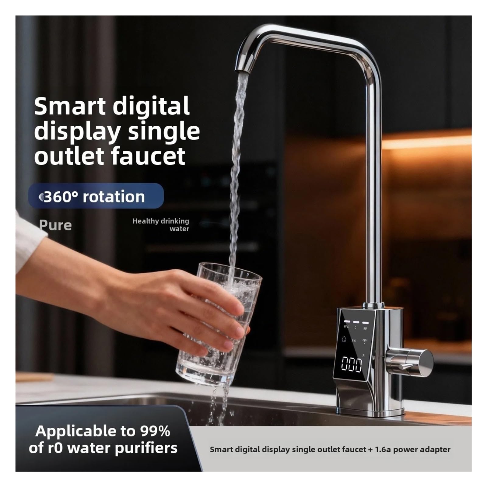 Rubinetto filtro acqua digitale Smart TDS, rubinetto da cucina in acciaio inossidabile 304,Controllo del flusso(Smart Single Out)
