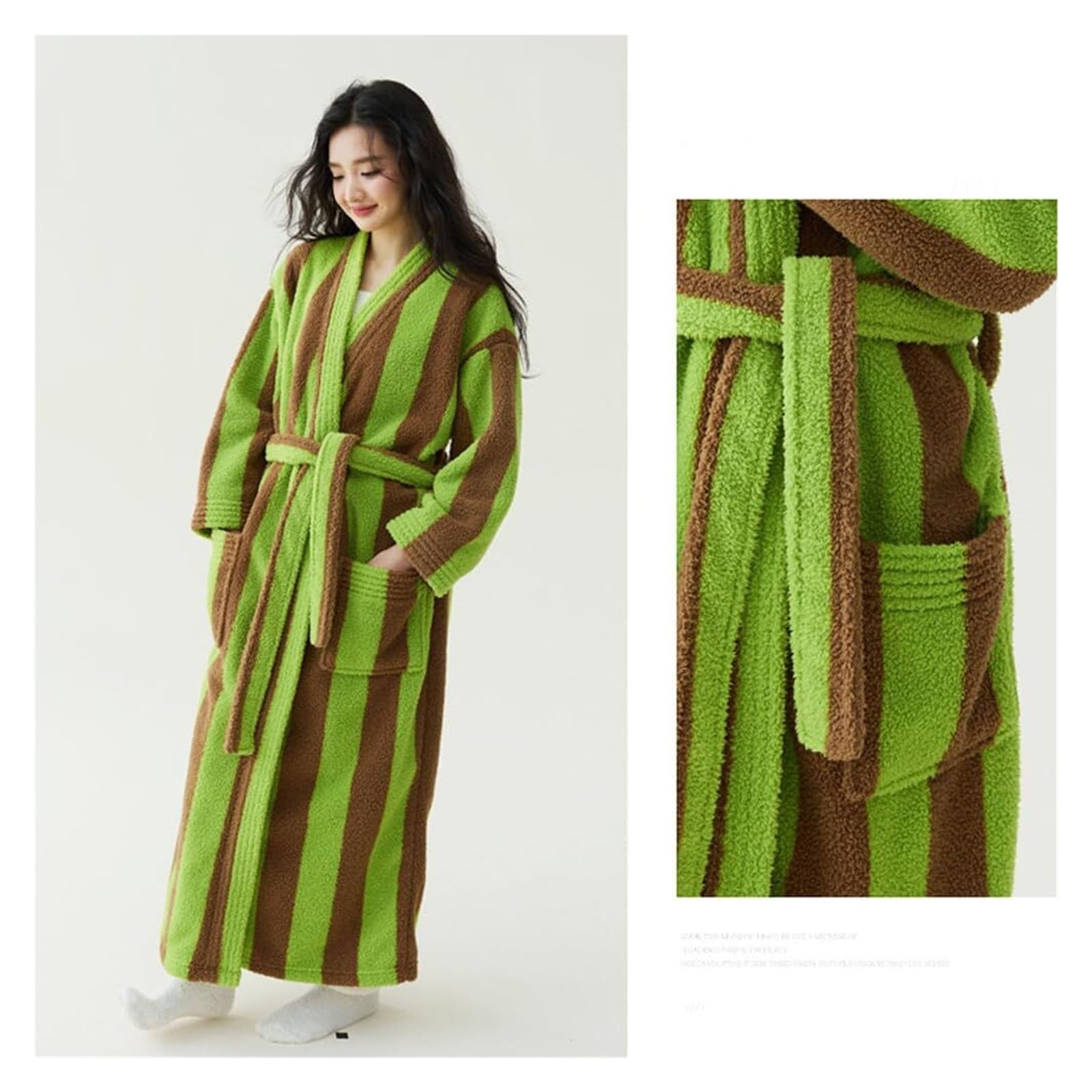 Accappatoio lungo fuzzy a righe da donna, morbido e soffice assorbente