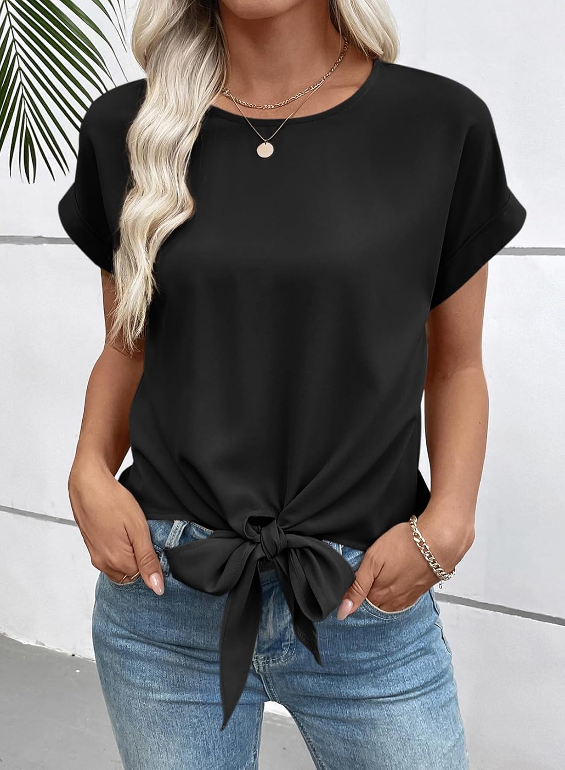 EVALESS Womens Bow Knot Hem Short Sleeve Blouses Dressy Casual Summer Crewneck T Shirts Going Out Tops - Image 5