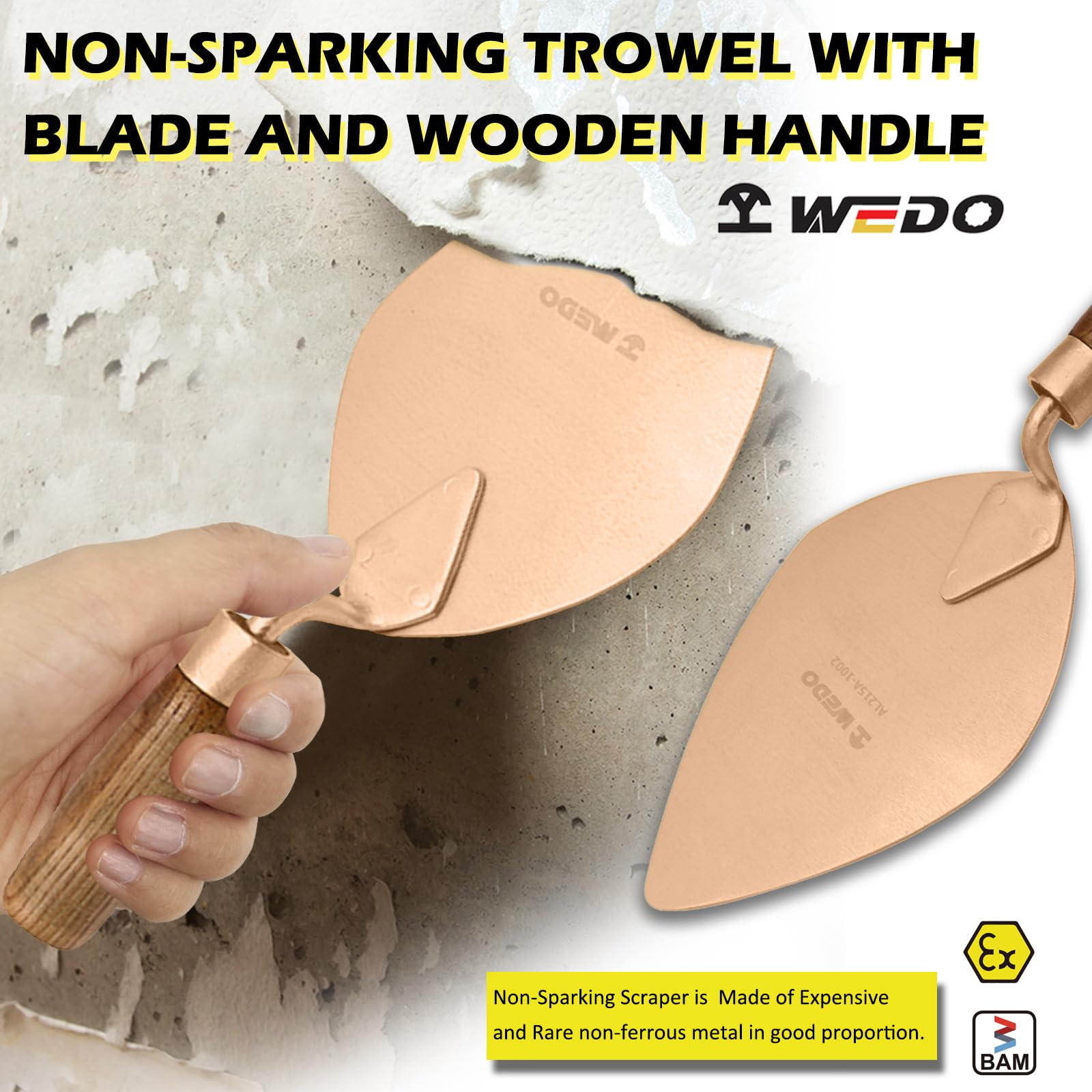 WEDO Albañil con hoja recta y mango de madera cómodo, herramienta de seguridad sin chispas, cobre berilio, no magnético, estándar DIN, certificado BAM y FM, 13 pulgadas de longitud, 335 mm