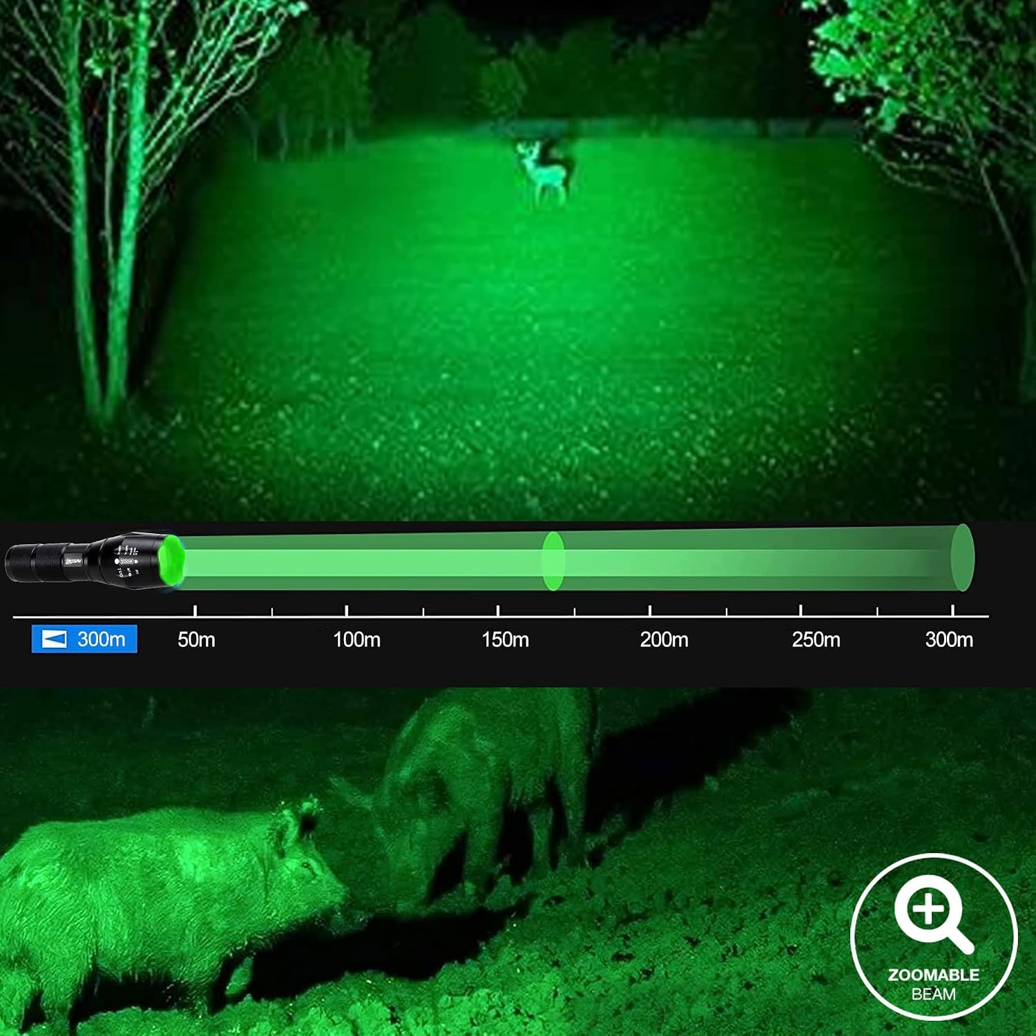 VASTFIRE Adjustable Green Flashlight 350 Yards Hunting Light Long Range Predator Light with Remote Pressure Switch, USB Charger and Pic Rail Mount for Rifle Bow Deer Hogs Night Hunt