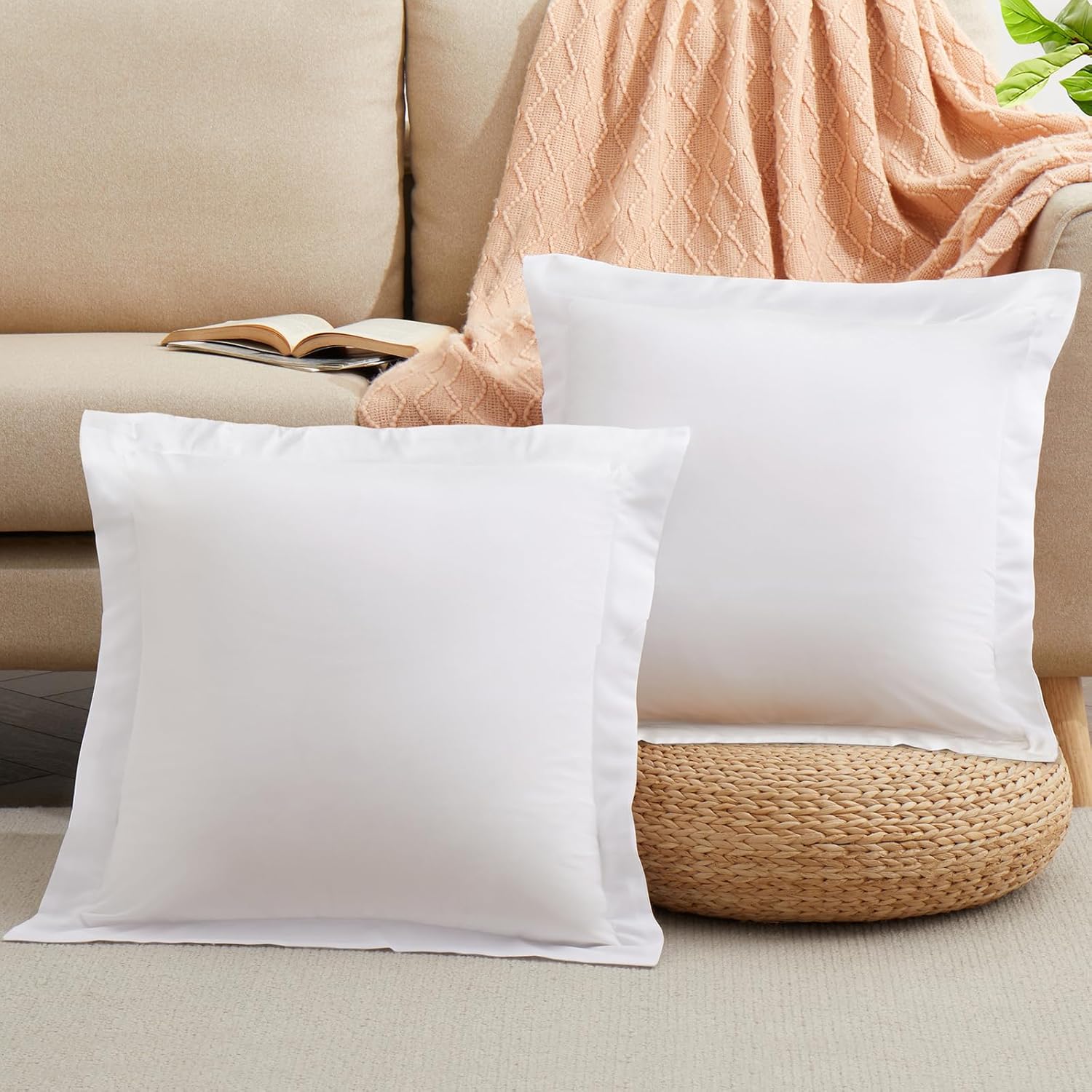 Horbaunal Set of 2 Microfiber Throw Pillow Covers 20 x 20 Inches, White Square Pillow Shams, Super Soft and Wrinkle Resistant Decorative Pillowcases with Zipper Closure White 20" x 20" (Pack of 2)