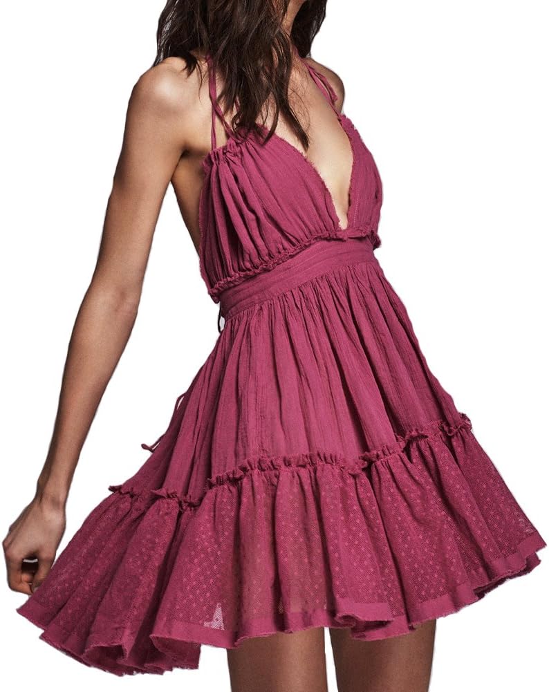 Women's Summer Boho Bohemian Deep V Neck Sexy Patchwork Mini Short Backless Beach Dressess