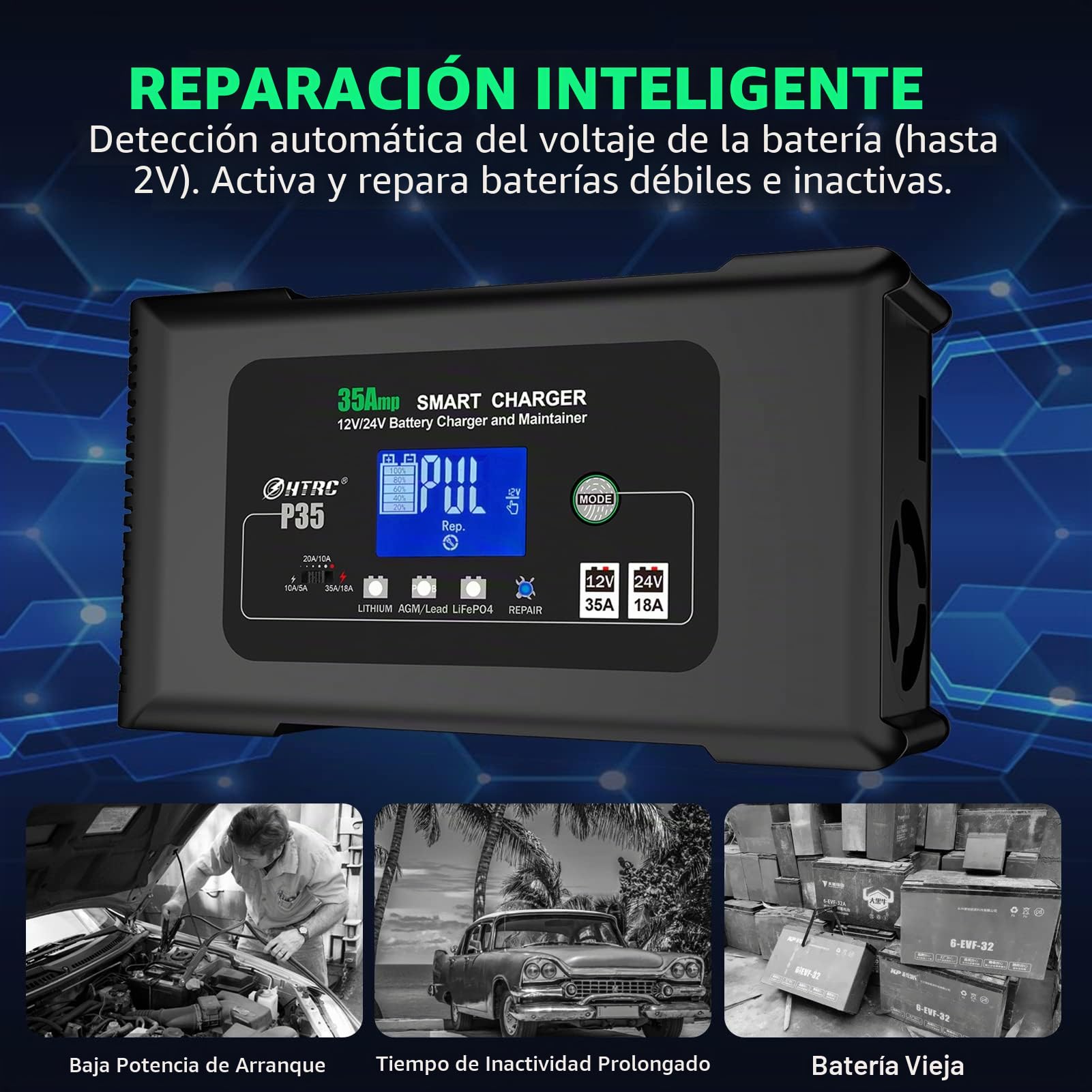 Haisito Cargador Baterías Coche 12V/24V 35A, Cargador de Baterias Coche y Moto Rápido Inteligente, Mantenedor y Desulfador para Baterías de LiFePO4 Litio Plomo ácido (AGM, Gel, EFB, SLA, VRLA)