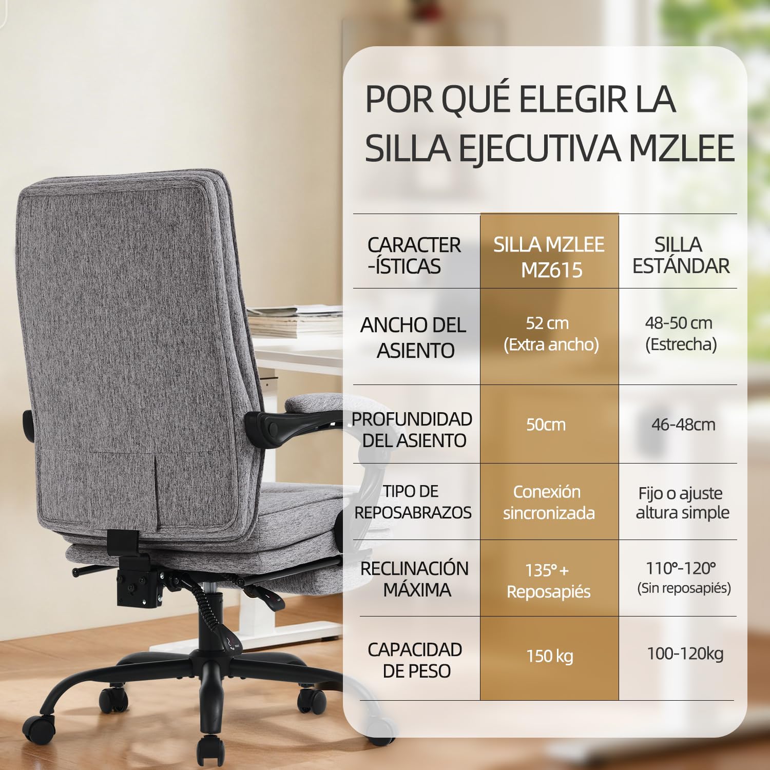MZLEE Silla Escritorio con Reposapiés, Silla Oficina Reclinable, Gris