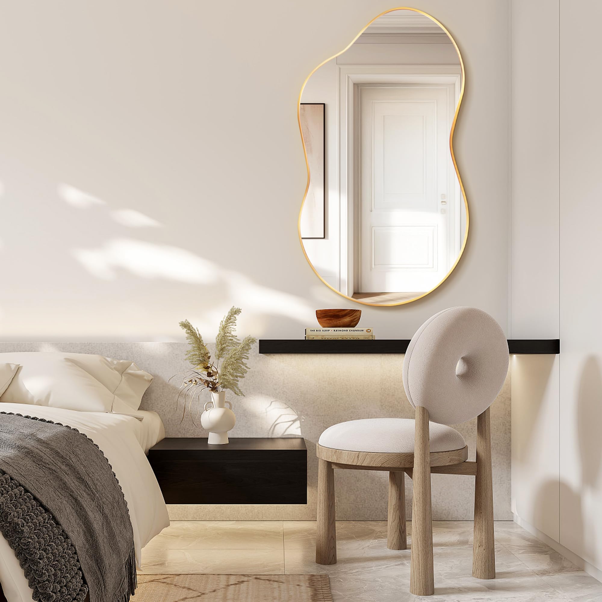 Miroir Mural Irrégulier, Miroir Décoratif Asymétrique avec Cadre en Alliage d’Aluminium Qualité Aviation pour Salle de Bain, Chambre, Salon, Entrée