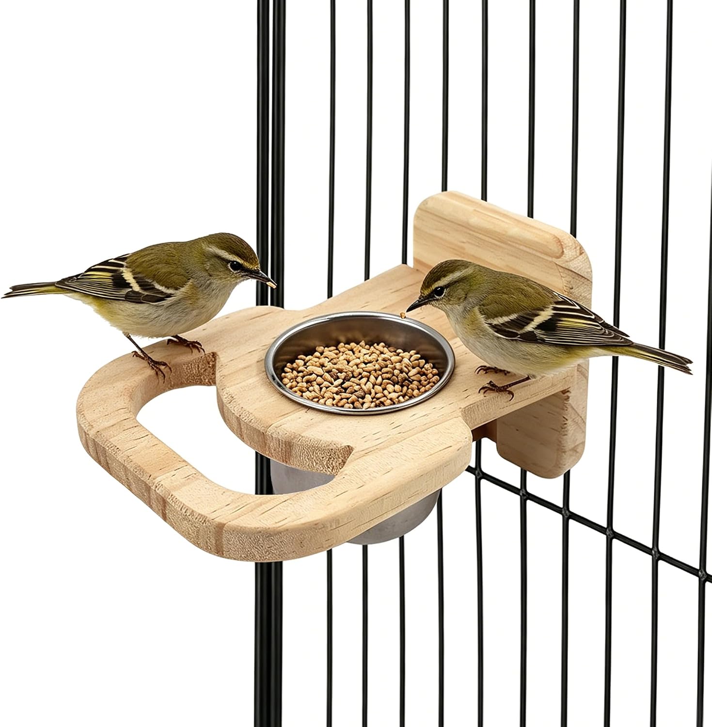 Bird Feeding Cup with Platform, Hanging Stainless Steel Parrot Feeding Bowl, Wooden Perch Stand, Bird Cage Food and Water Feeder for Parakeets, Cockatiels and Lovebirds