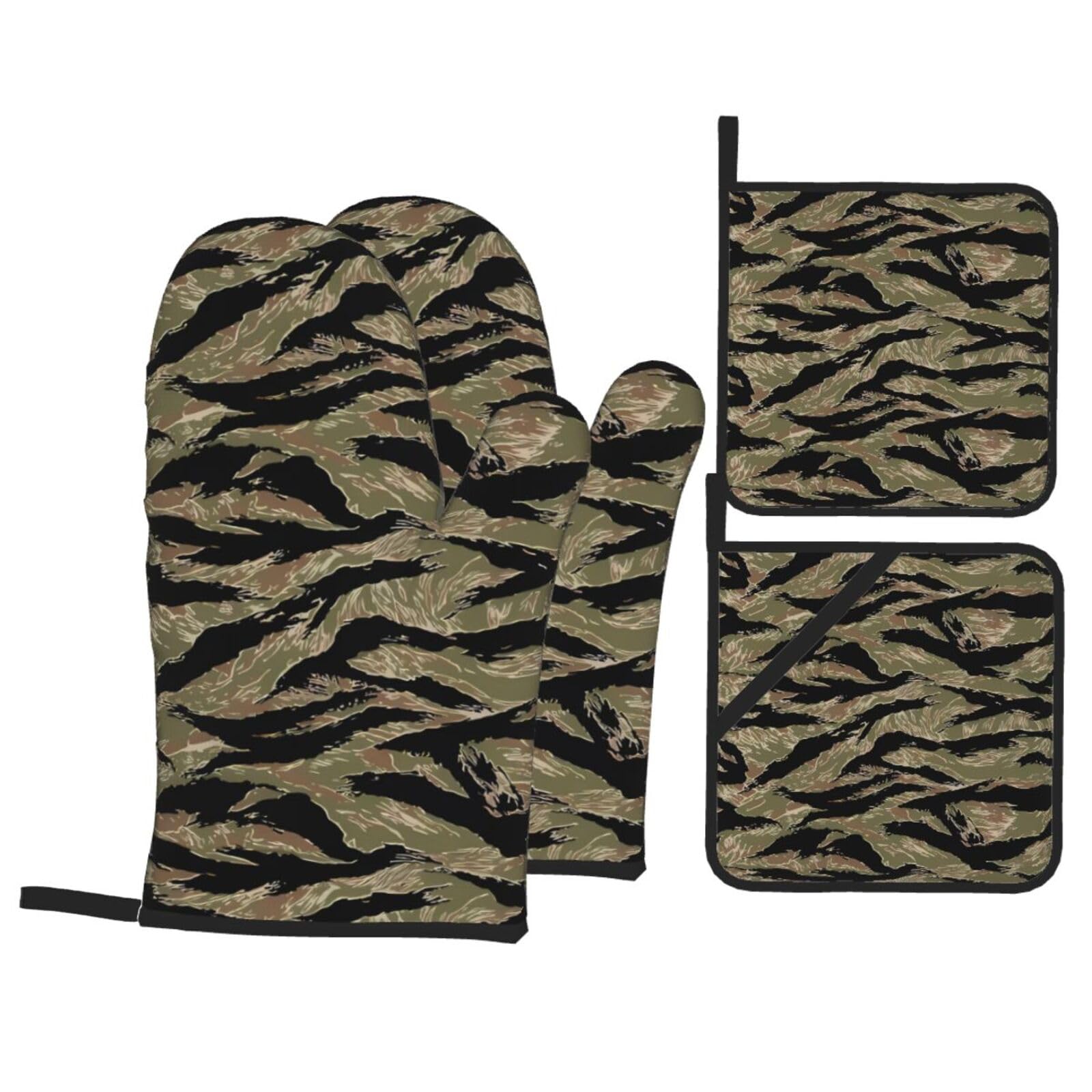 WHJSHOP Tiger Stripe Camo Prints Oven Mitts & Pot Holders Set - Waterproof Kitchen Layers & Heat Resistant - Durable Covers for Safe Cooking & Easy Cleanup