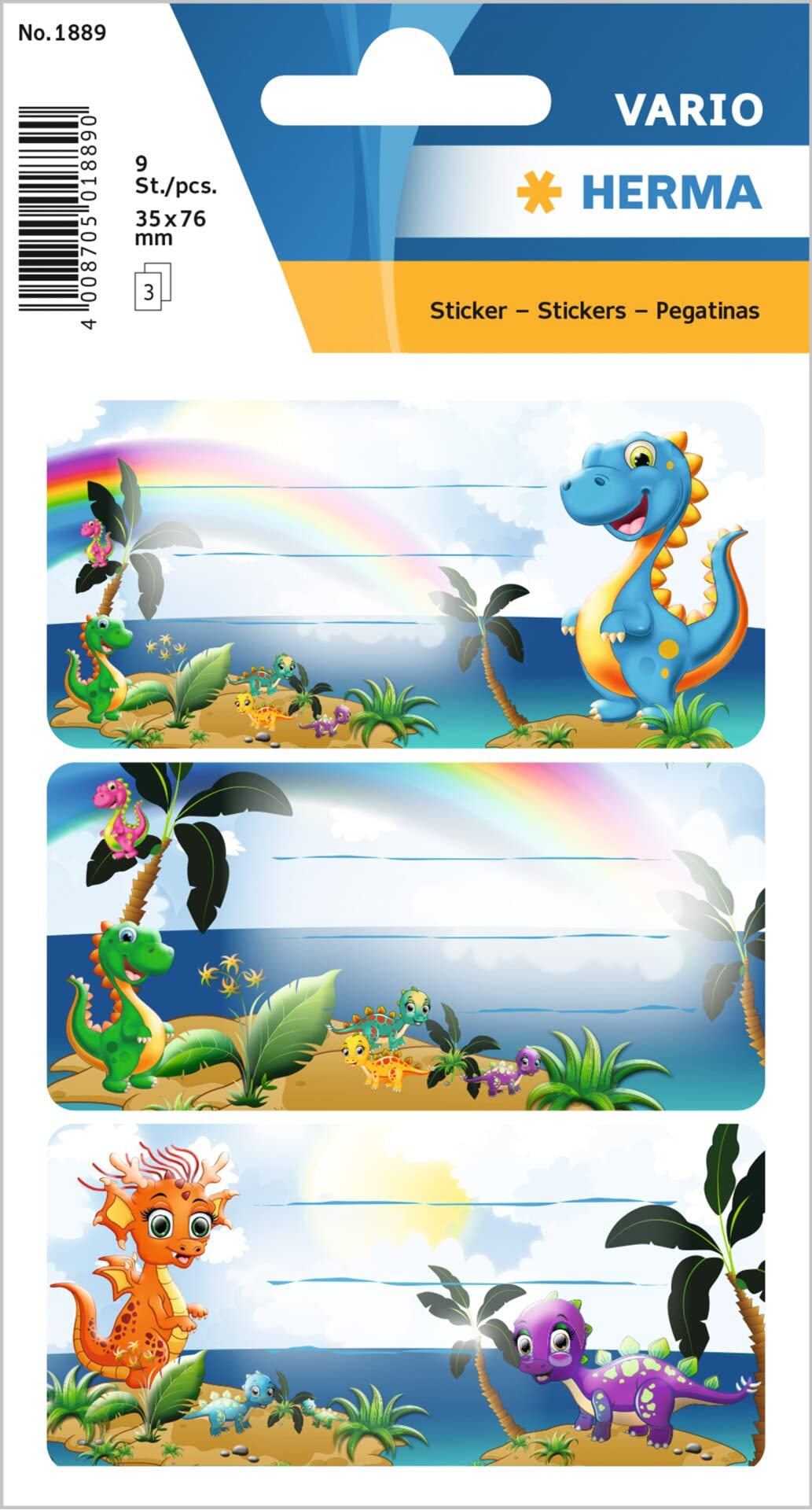 HERMA 1889 Dino Book Labels for Writing on, 9 Pieces, 76 x 35 mm, Self-Adhesive Lined Book Stickers for School, Kids, Girls, Boys, Multicoloured Book Labels Stickers, Colourful