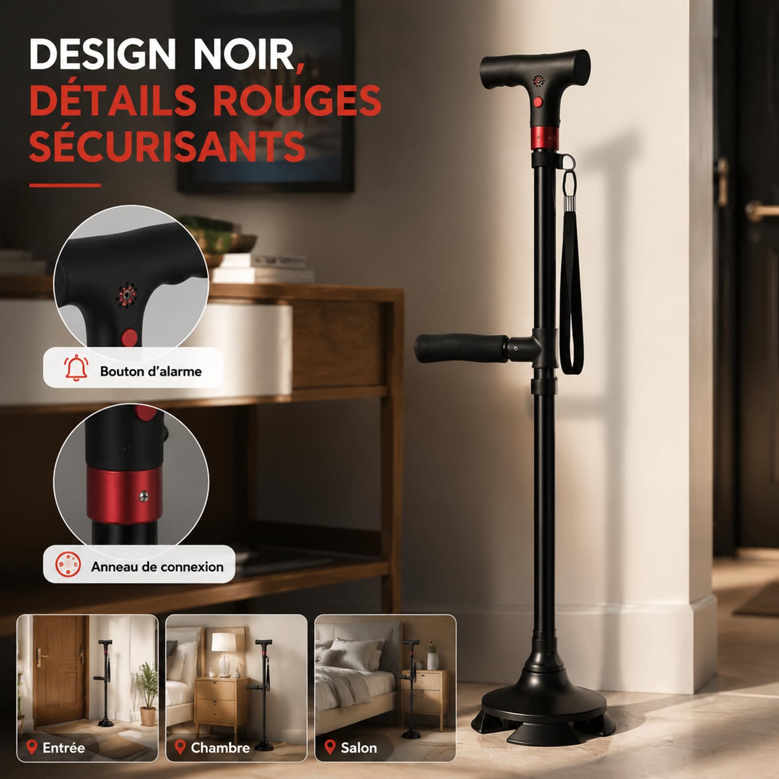 Astuvita Canne de Soutien avec Éclairage LED et Alarme de Sécurité - Canne de Marche Ergonomique et Lumineuse - Poignée Astuvita Confort - Aide à la Mobilité pour Senior - Pliable et Stable