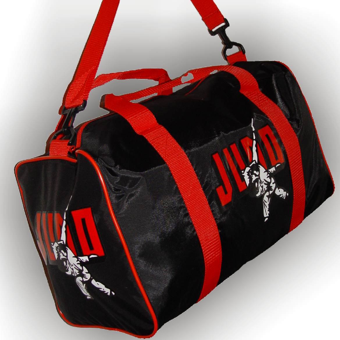 BAY Sporttasche für Kampfsport mit Judo-Aufdruck, Nylon Material, Schultergurt und Seitentasche, Schwarz/Rot, L 50 cm