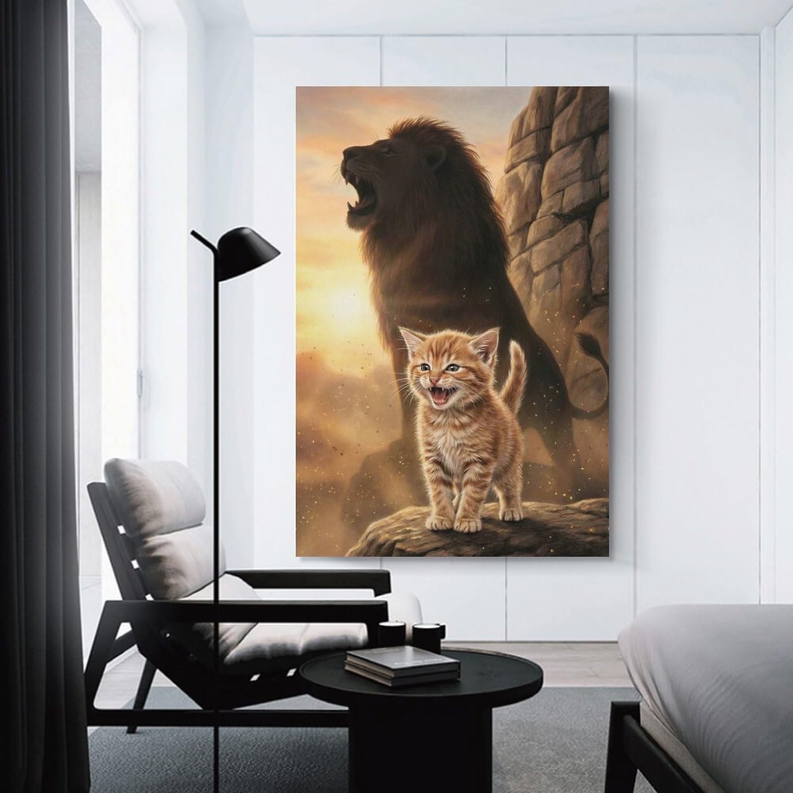 Junmoney Unframe-Style-20 Canvas Art Print Kitten And Lion Roaring Together, 20X30inch(50X75cm), For Contemporary Homes, Apartments Or Offices, Decorative Canvas Decor For Home Updates