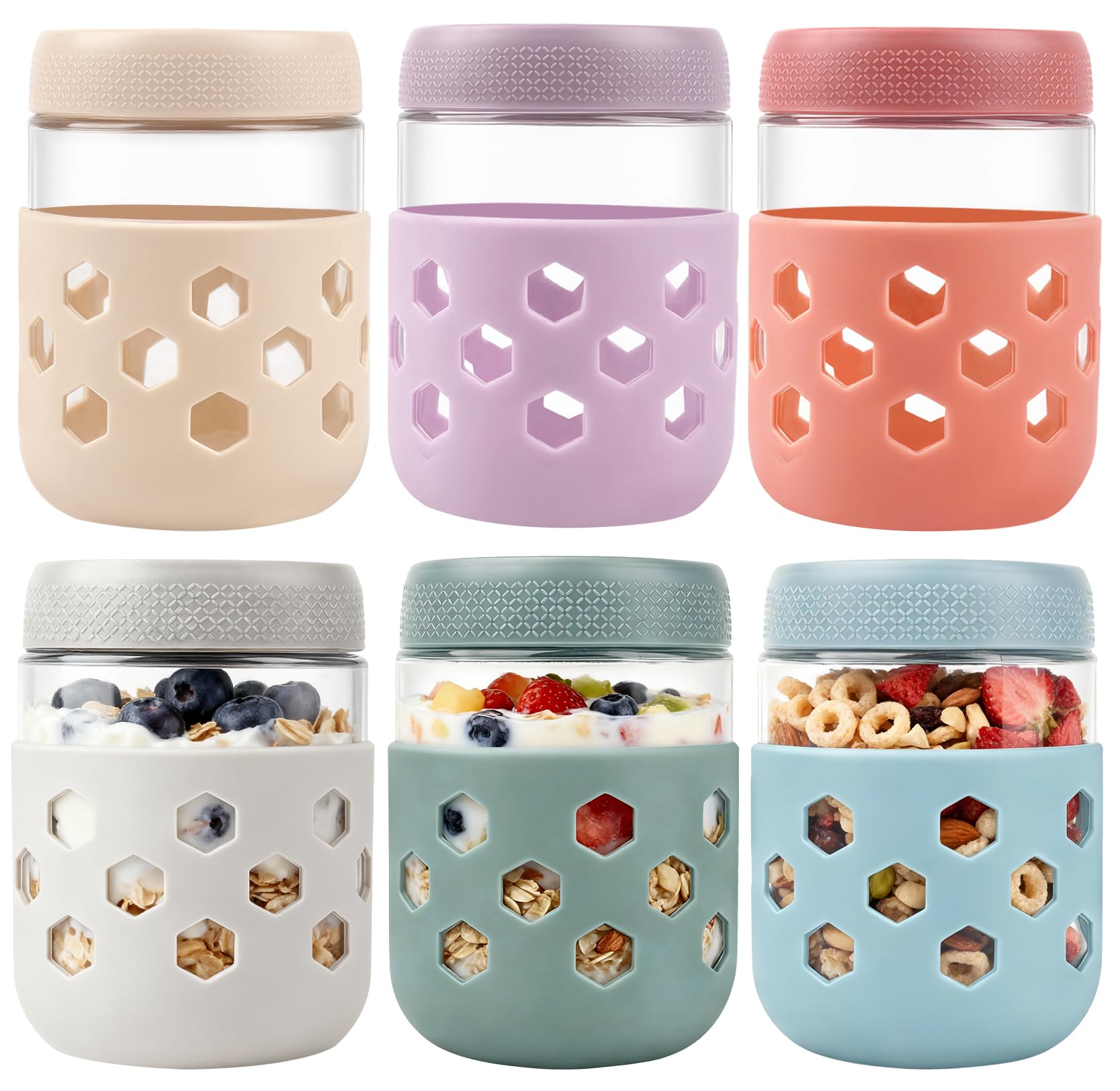 Overnight Oats Jar with Silicone Sleeves,6-Pack 16OZ Glass Jar,Airtight BPA-Free Overnight Oats Containers with Lids, Mason jars Meal Prep Jars for Chia Pudding, Yogurt, Snacks,Leak-Proof(500 ml)