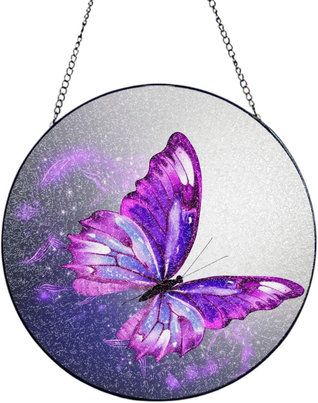 Stained Glass Window Hanging 6in（15cm）, Watercolor Purple Butterfly Glass Suncatcher for Home Decor, Indoor Wall Art Glass Panel with Metal Chain and Hooks, Sun Catcher Ornament Birthday Gifts