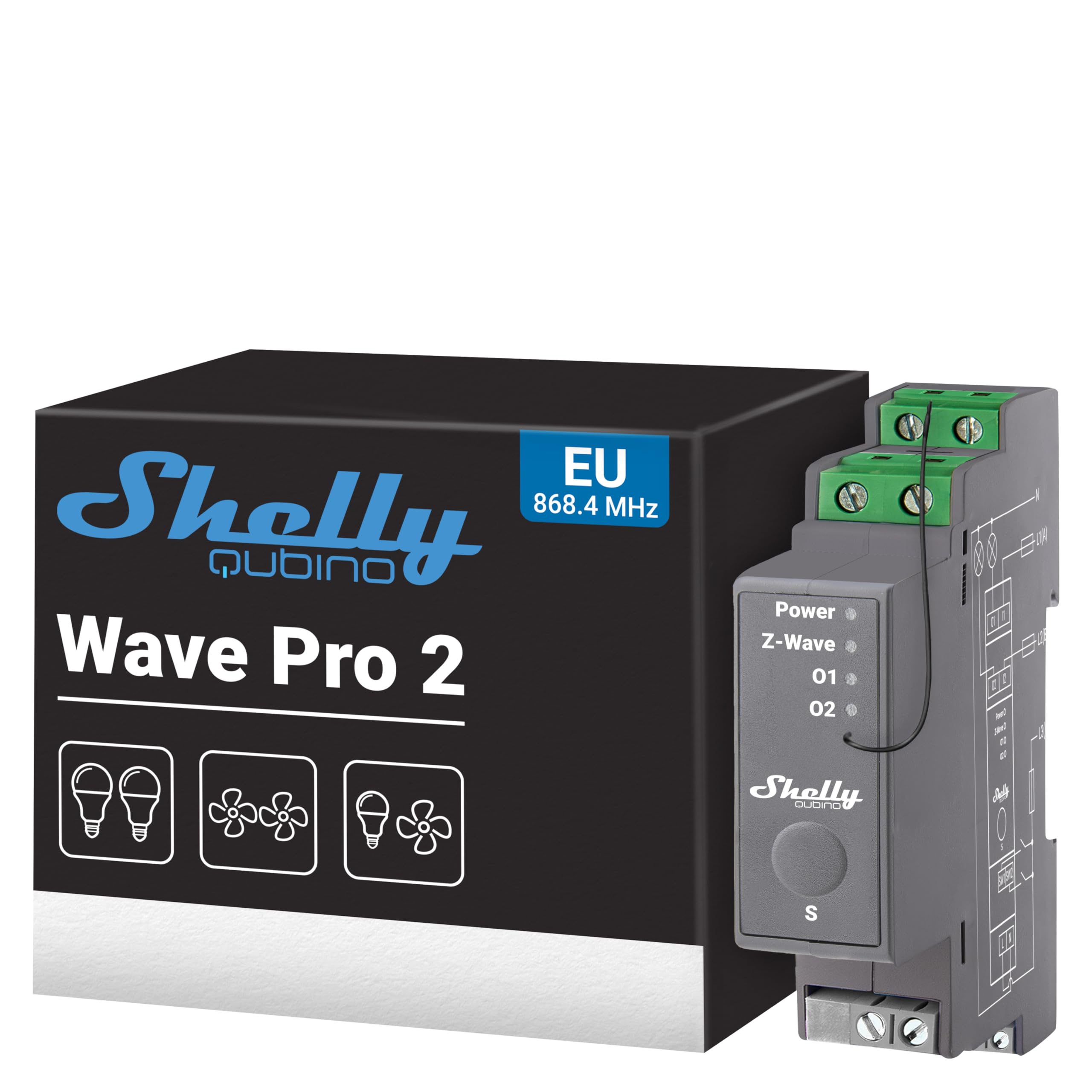 Shelly Shelly Qubino Wave Pro 2 - Interrupteur connecté Z-Wave, 2 canaux - 25 A, Contacts secs, Montage sur rail DIN, Éclairage conntecté, Passerelle Z-Wave requise
