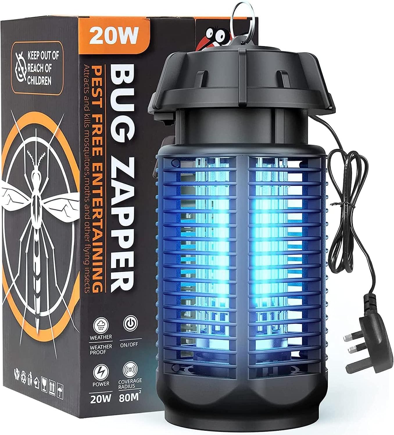 Mosquito Killer Lamp 20W UV Electric Fly Zapper Waterproof Light Portable Bug Zapper, Moth, Gnat, Flies Pest Control Repeller Catcher with Standard UK Plug for Indoor, Black-2