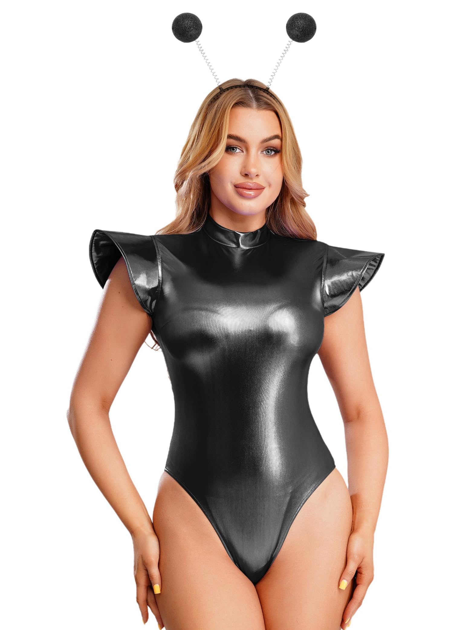 Miaeowve Women Space Alien Robot Cosplay Costume Metallic Shiny Bodysuit Fly Sleeve Jumpsuit With Headwear Black S