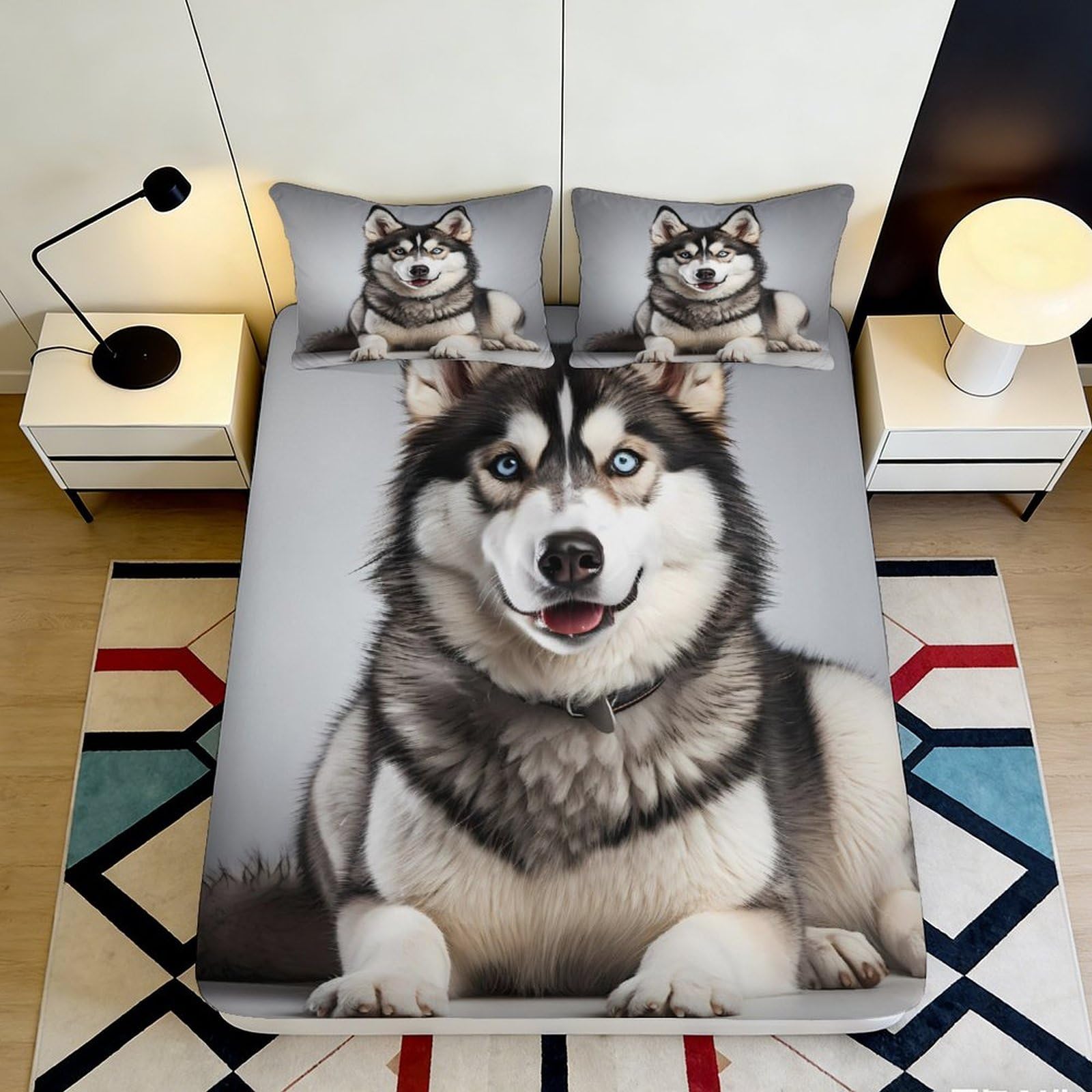 3D Printed Husky Dog Fitted Sheet Microfiber Soft Breathable Wolf Pattern Bed Cover for Bedroom Dormitory Guest Room Mattress Protection Decor 120x200x25cm