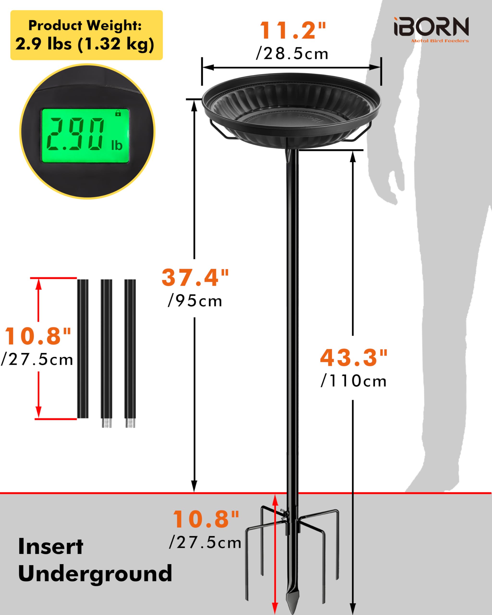 iBorn Freistehendes Metall-Vogelbad, fünfzinkiger Fuß, Höhe 37,4 Zoll, robust & abnehmbar, Vintage-Gartendekor, Schwarz, für Terrasse, Hof & Rasen