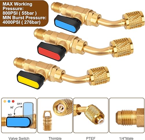 Miniatura 2 de WADEO 31 piezas de válvula de bola angular para refrigerante de aire acondicionado de 14 pulgada para refrigerante R410A R134A R12 R22 con adaptador