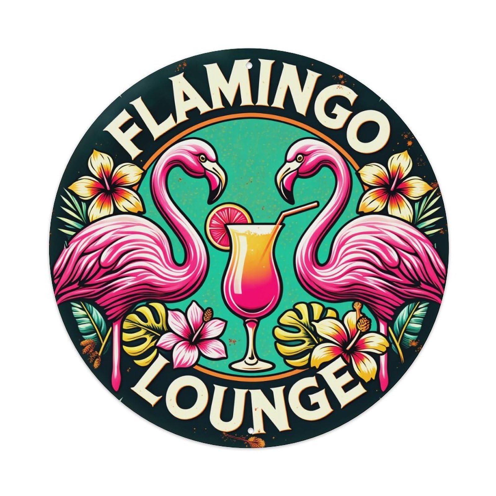 Flamingo Cocktail Tropical Flowers Leaves Round Tin Sign Vintage Metal Poster, Home Bar Garage Man Cave Cafe Indoor & Outdoor Wall Decoration 8x8Inches