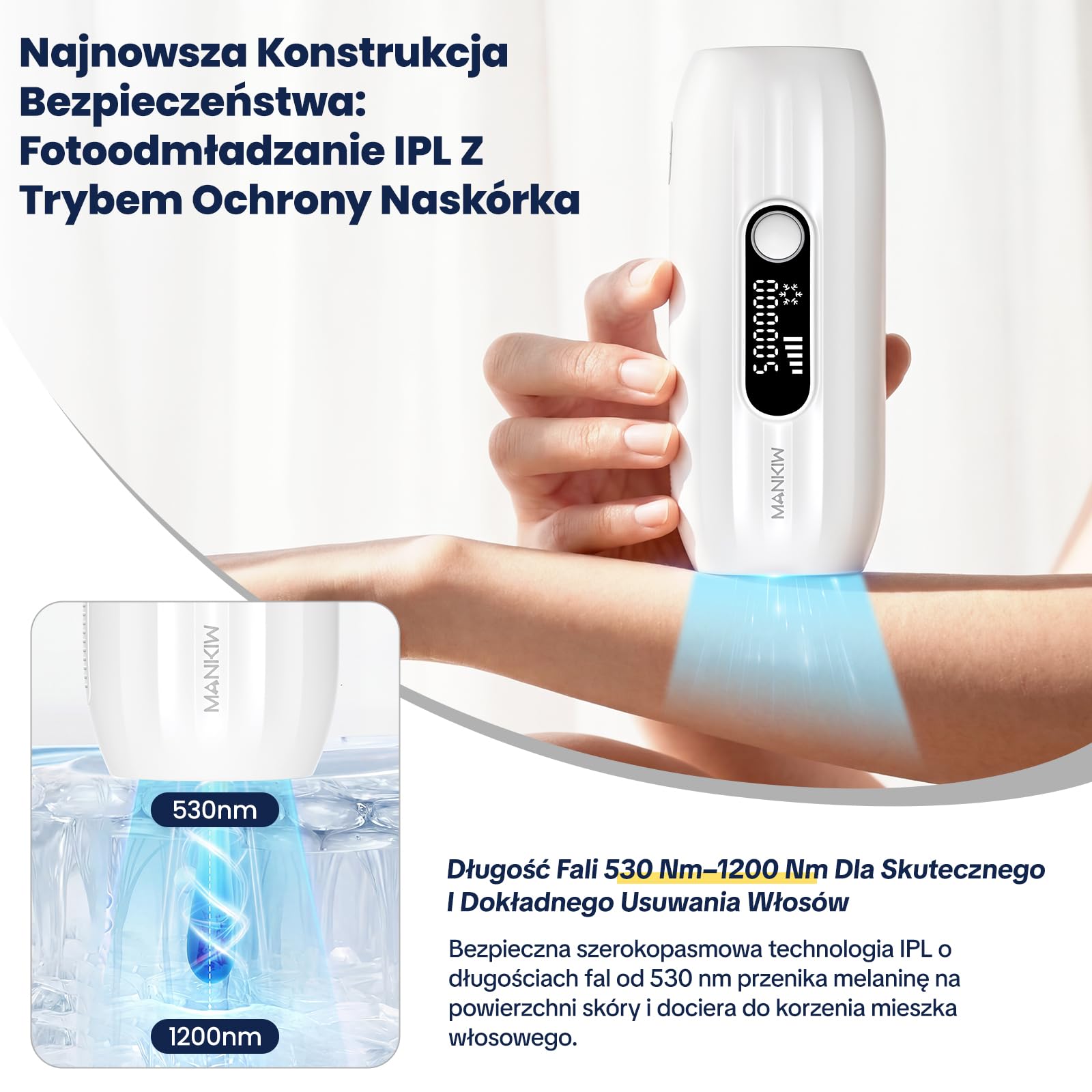MANKIW IPL impulsowe światło z chłodzeniem, 500000 impulsów | IPL depilator chłodzący, 5 poziomów i 50 0000 impulsów do nóg, pach, bikini, wygodne użytkowanie w domu