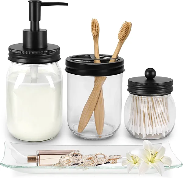 Jenseits Bathroom Accessory Set 4 Pcs - Toothbrush Holder, Lotion Soap Dispenser, Apothecary Jars Qtip Holder, Vanity Tray - Farmhouse Bathroom Accessories, Rustic Home Country Decor (Black)