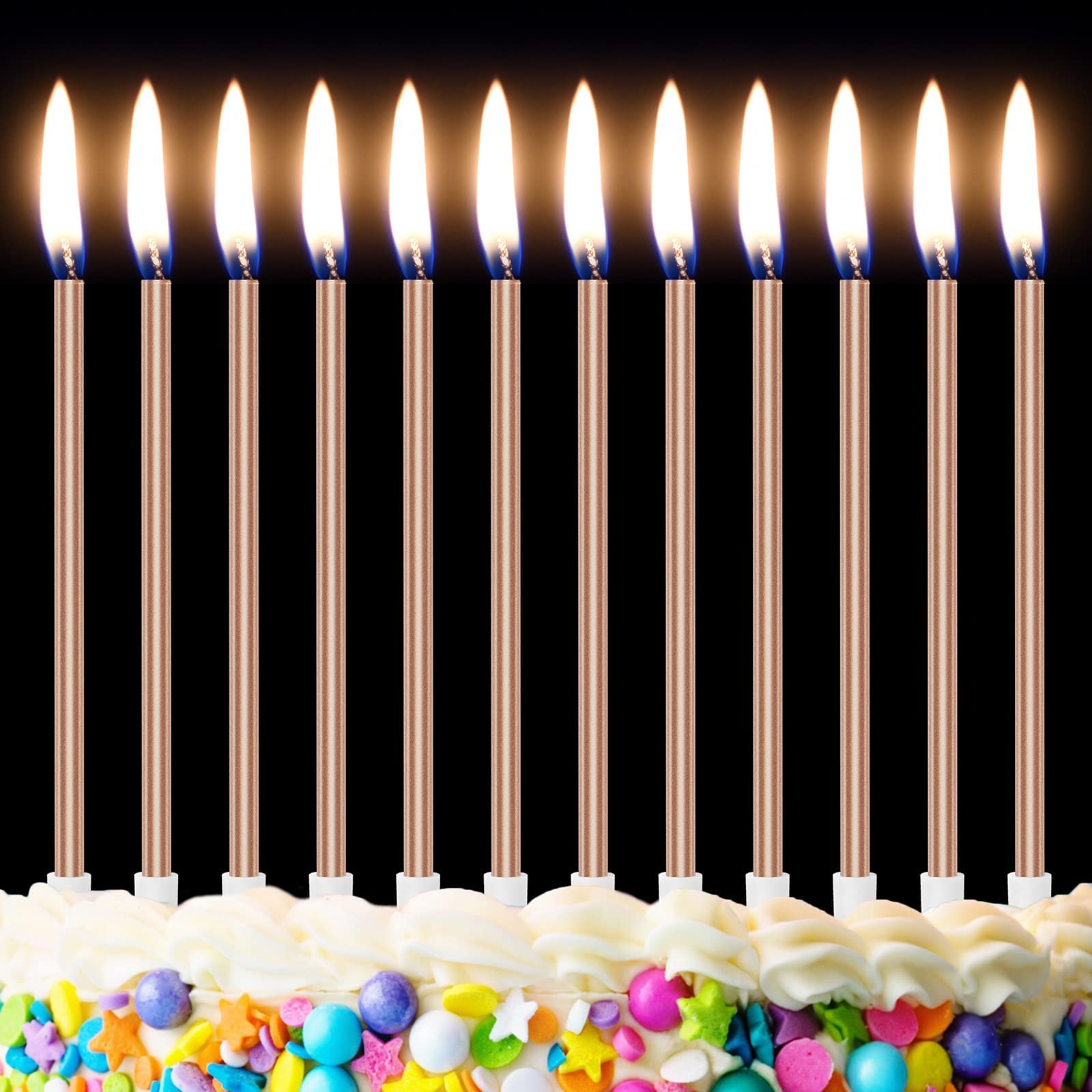 12 Candeline Sottili Oro Per Compleanno Con Supporti – 15 Cm – Senza Fumo Per Torte E Baby Shower