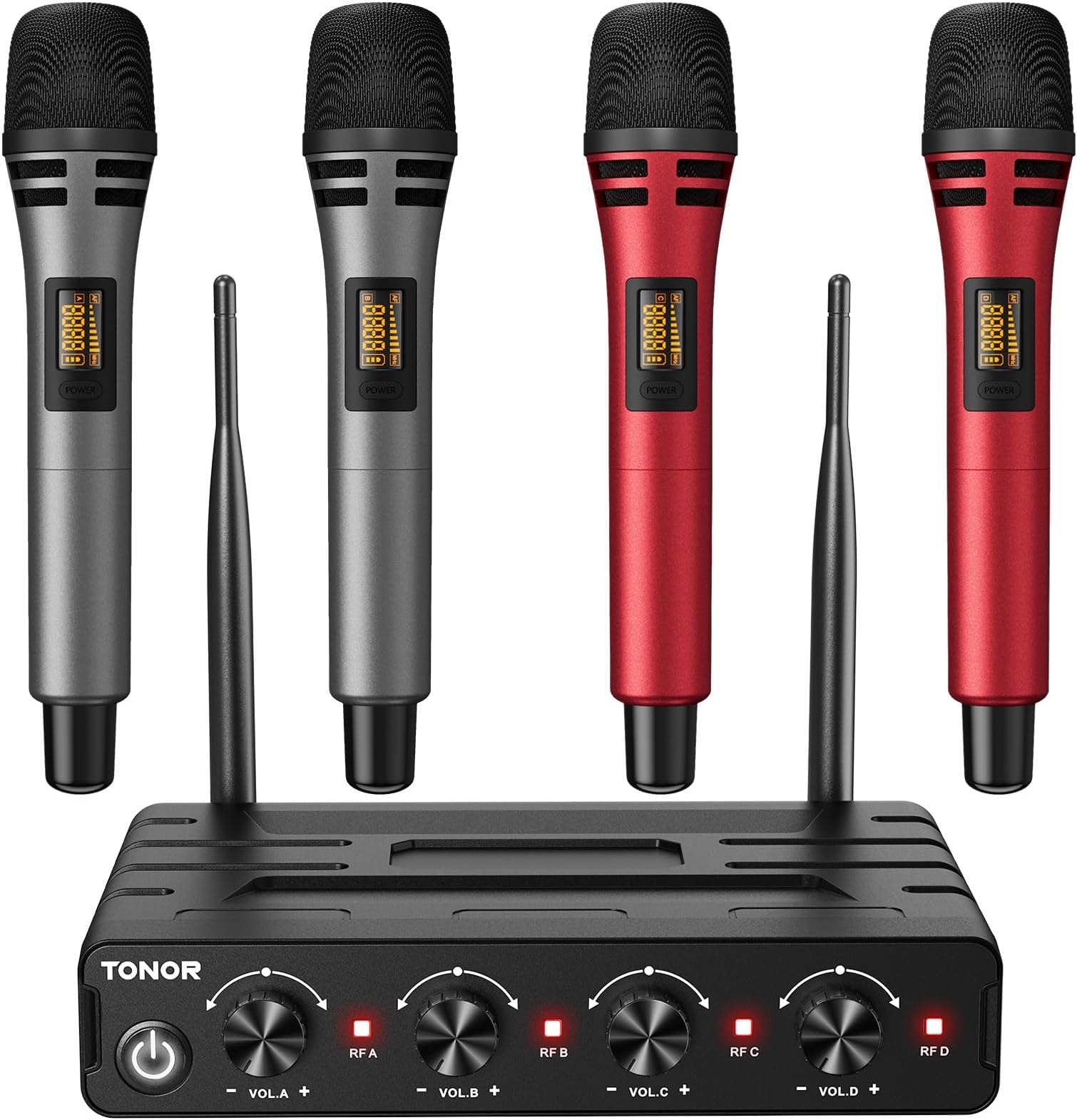 Wireless Microphones System with 4x10 Channels Cordless Handheld Microfono Inalambrico, UHF Mics with Stable Signal Transmission for Karaoke Singing Party Church Wedding PA Speaker 200ft Red