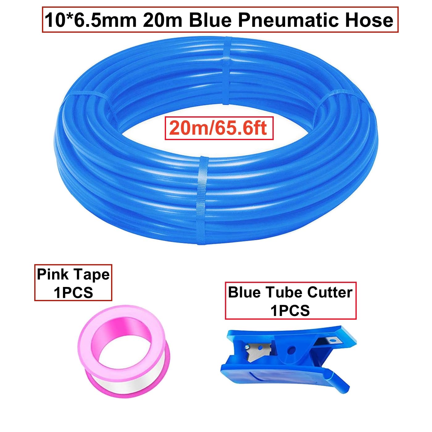 HUAZIZ 20 m de manguera neumática de poliuretano azul, manguera neumática de poliuretano, manguera flexible de aire comprimido, exterior 10 mm x interior 6,5 mm + 1 cortador de manguera azul + 1 pieza
