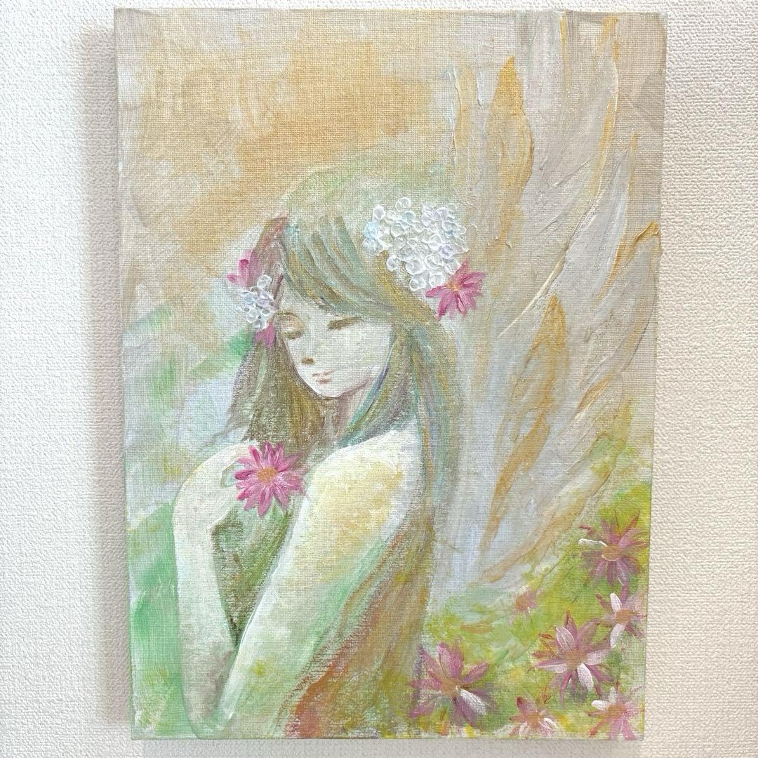 花束と天使のアクリル画 原画　癒しのインテリア テクスチャーアート 白い花の花束のアクリル画: テクスチャード フラワー アート