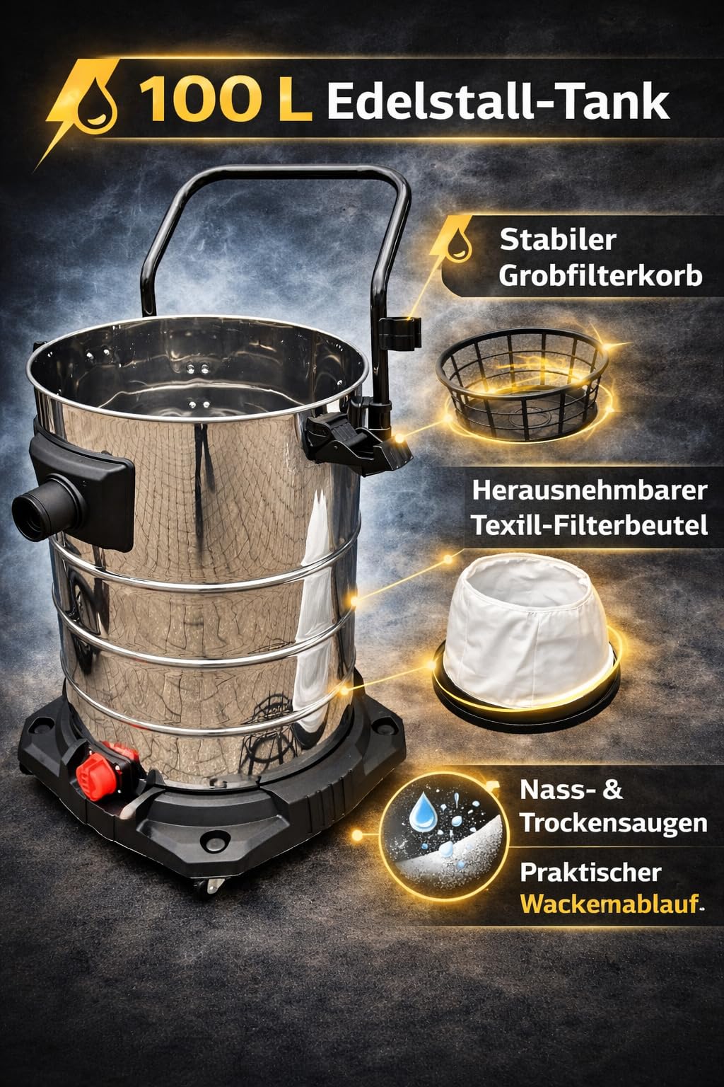 Industriesauger 3000W 100 Liter Edelstahl Behälter Industriestaubsauger | Staubsauger mit 3 Saugmotoren je 1000 Watt | Nasssauger für Baustelle Nass Trocken Sauger Industrie Gewerbe Baustellensauger