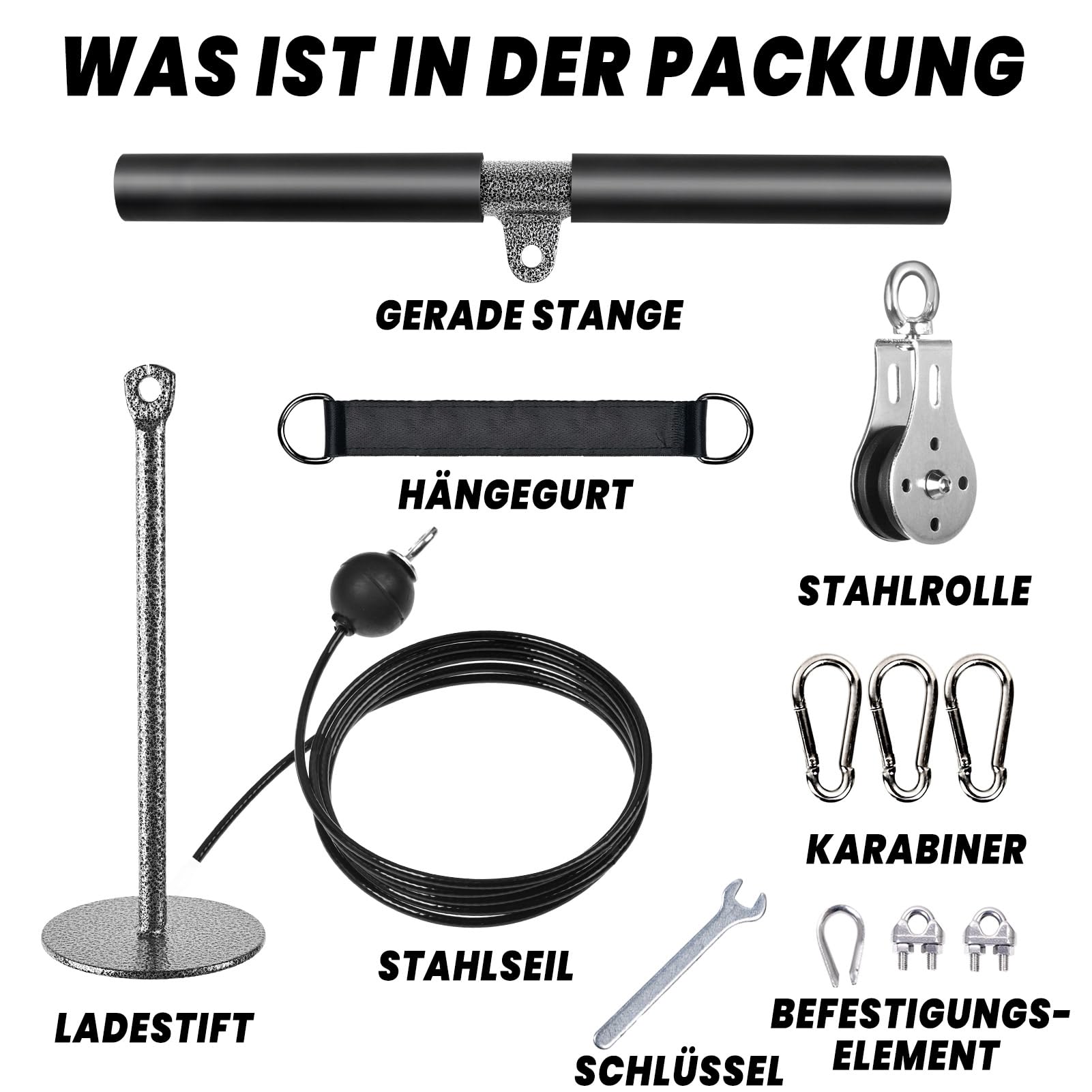 Kabelzug Fitness Latzug Gym Kabel mit Gerader Stange, Fitness Kabelzug Set Trainer Trizeps Bizeps Rücken Arm Trainingsgerät Latzugturm Kabelturm Sportgeräte Home Gym Workout Zuhause