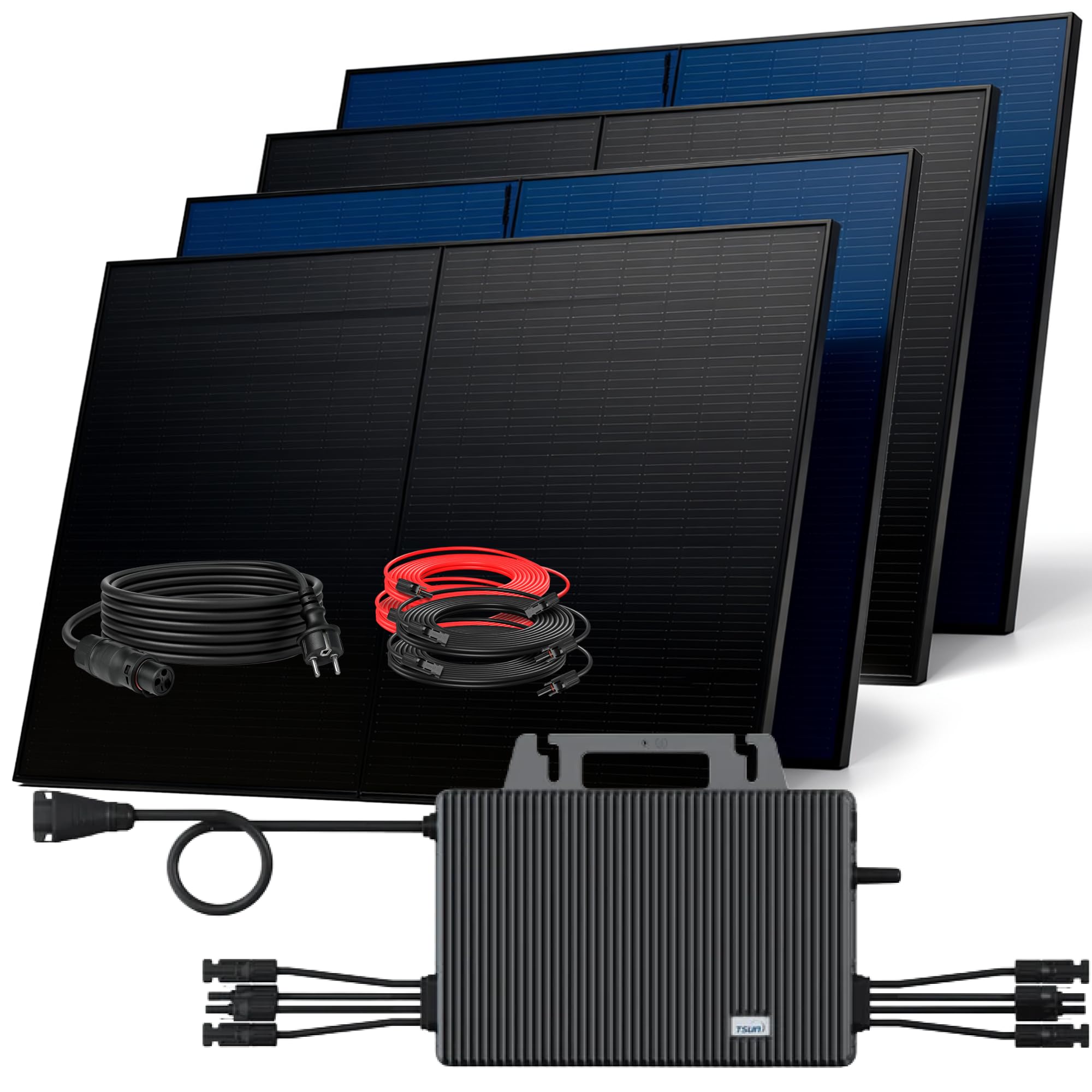 SUNNIVA® 2000W Balkonkraftwerk BIFAZIAL FULLBLACK komplett Steckdose TSUN 2000 Watt Wechselrichter, Solaranlage Komplettset, 4x 500W N-Type Glas Bifacial Solarmodule, 5m Kabel, 4x 2.5m Solarkabel